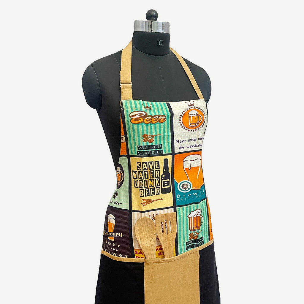 Beer Theme Printed Kitchen Apron with Front Utility Pocket