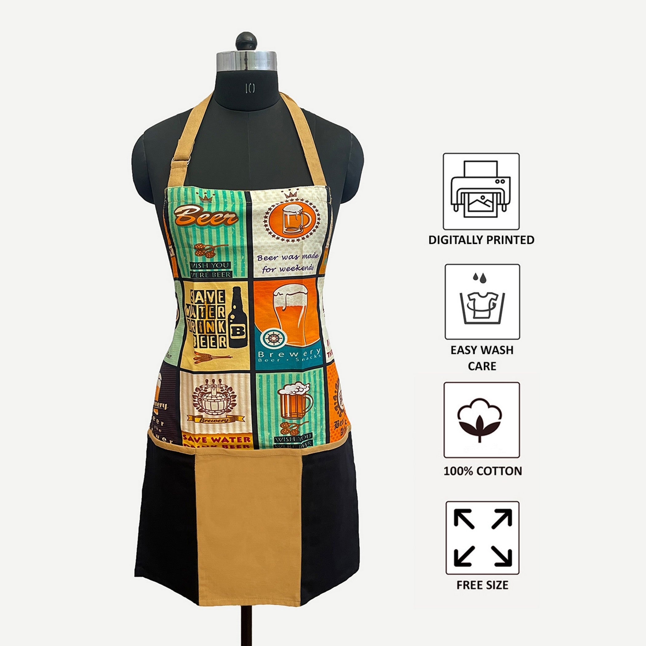 Beer Theme Printed Kitchen Apron with Front Utility Pocket