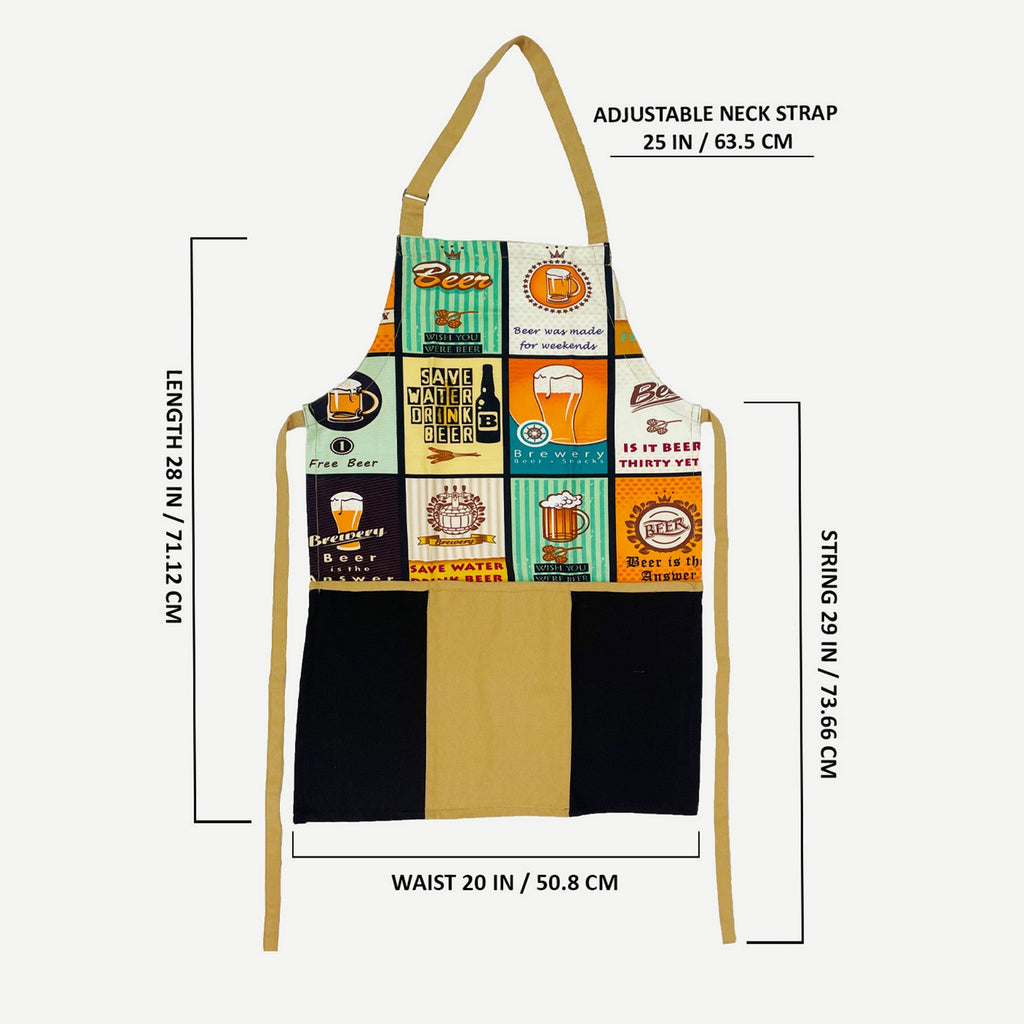 Beer Theme Printed Kitchen Apron with Front Utility Pocket