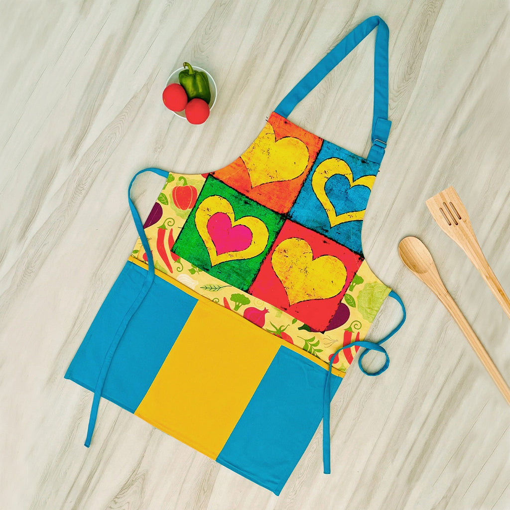 Colorful Hearts Printed Kitchen Apron with Front Pocket