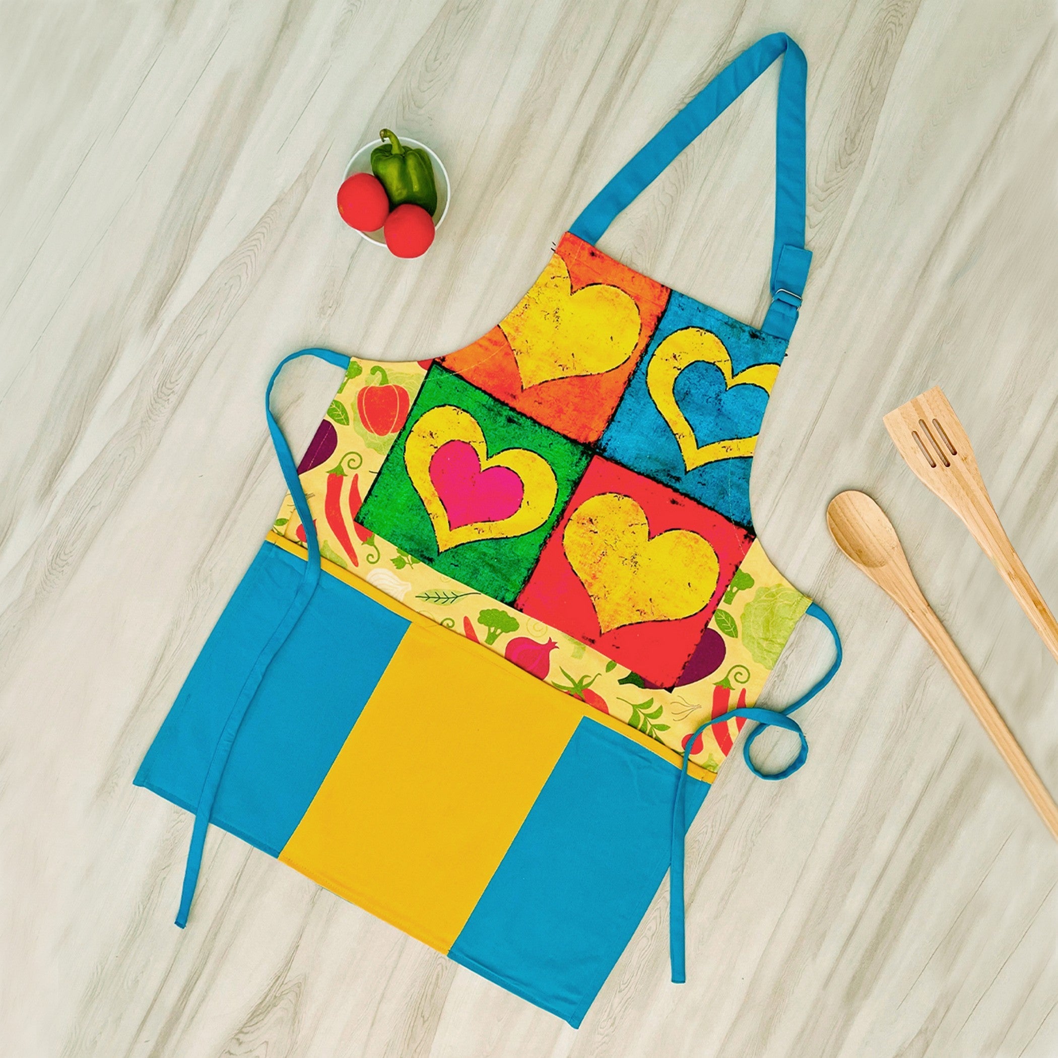 Colorful Hearts Printed Kitchen Apron with Front Pocket