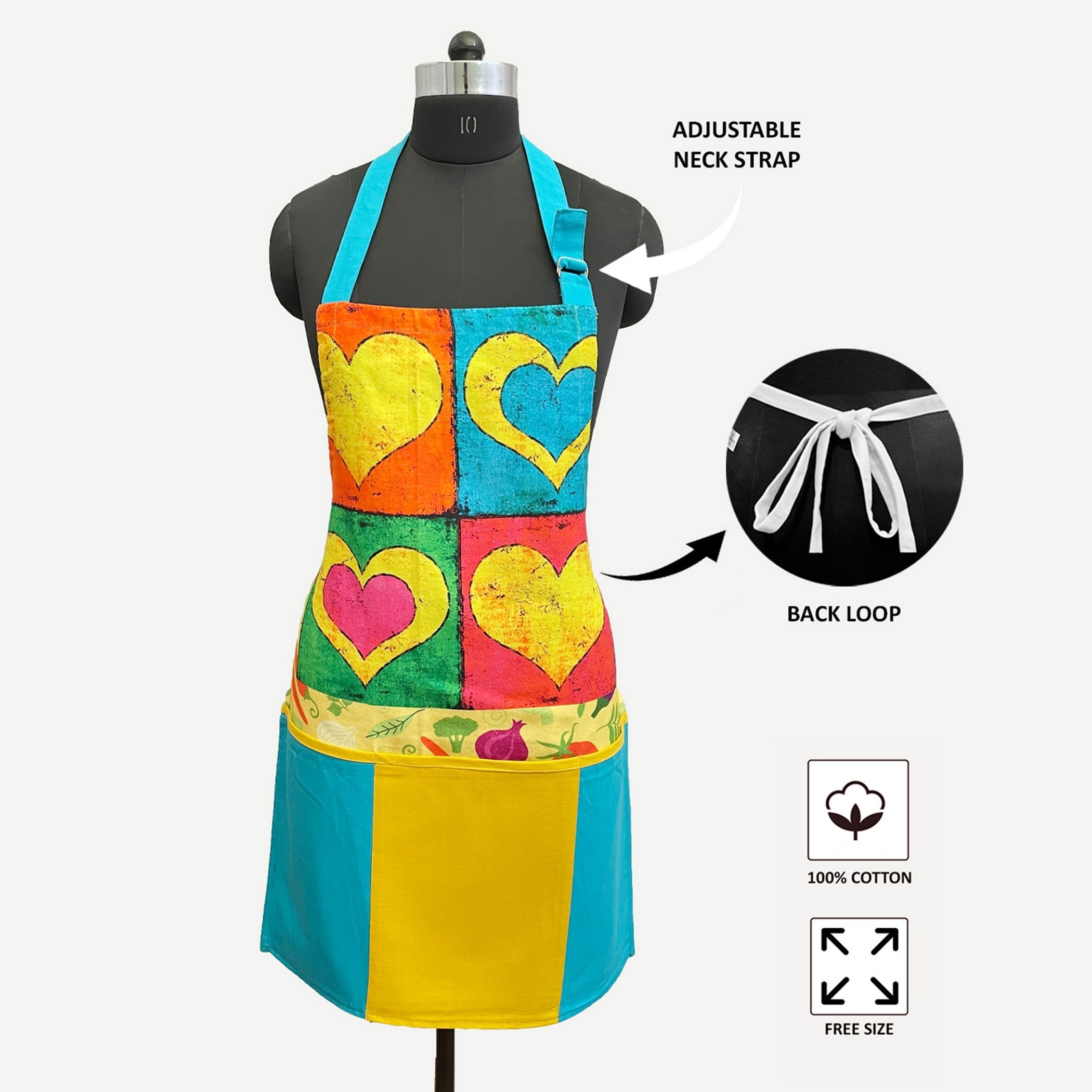 Colorful Hearts Printed Kitchen Apron with Front Pocket