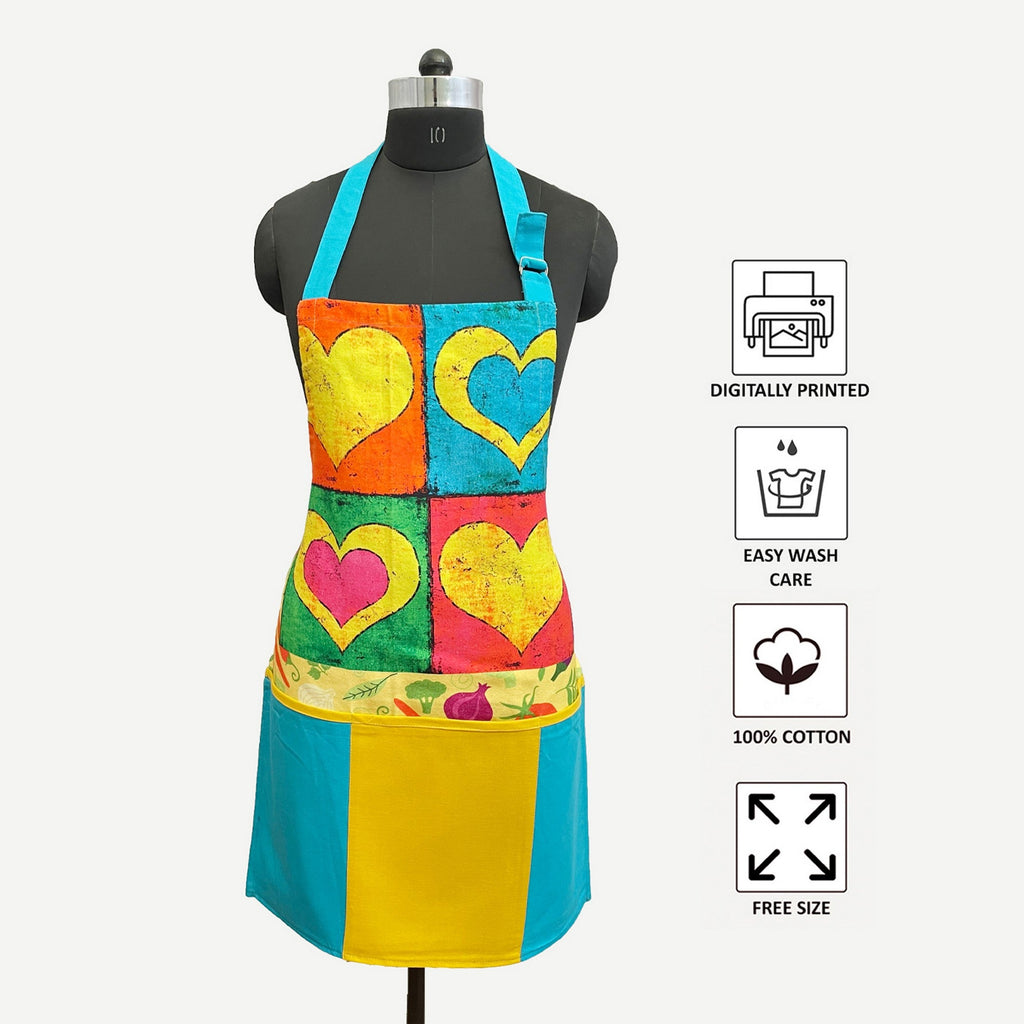 Colorful Hearts Printed Kitchen Apron with Front Pocket
