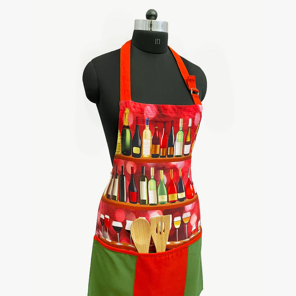 Wine Bottles Theme Kitchen Apron with Adjustable Strap & Pocket