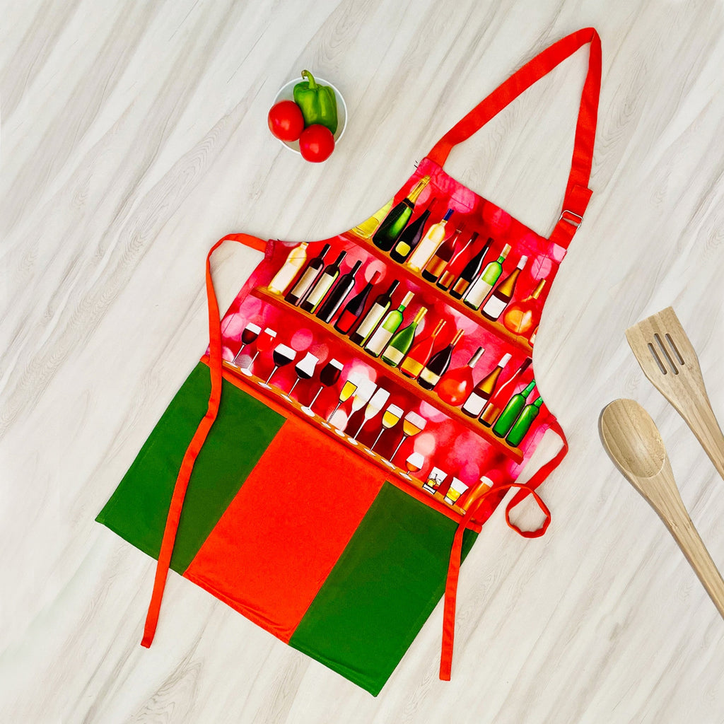 Wine Bottles Theme Kitchen Apron with Adjustable Strap & Pocket