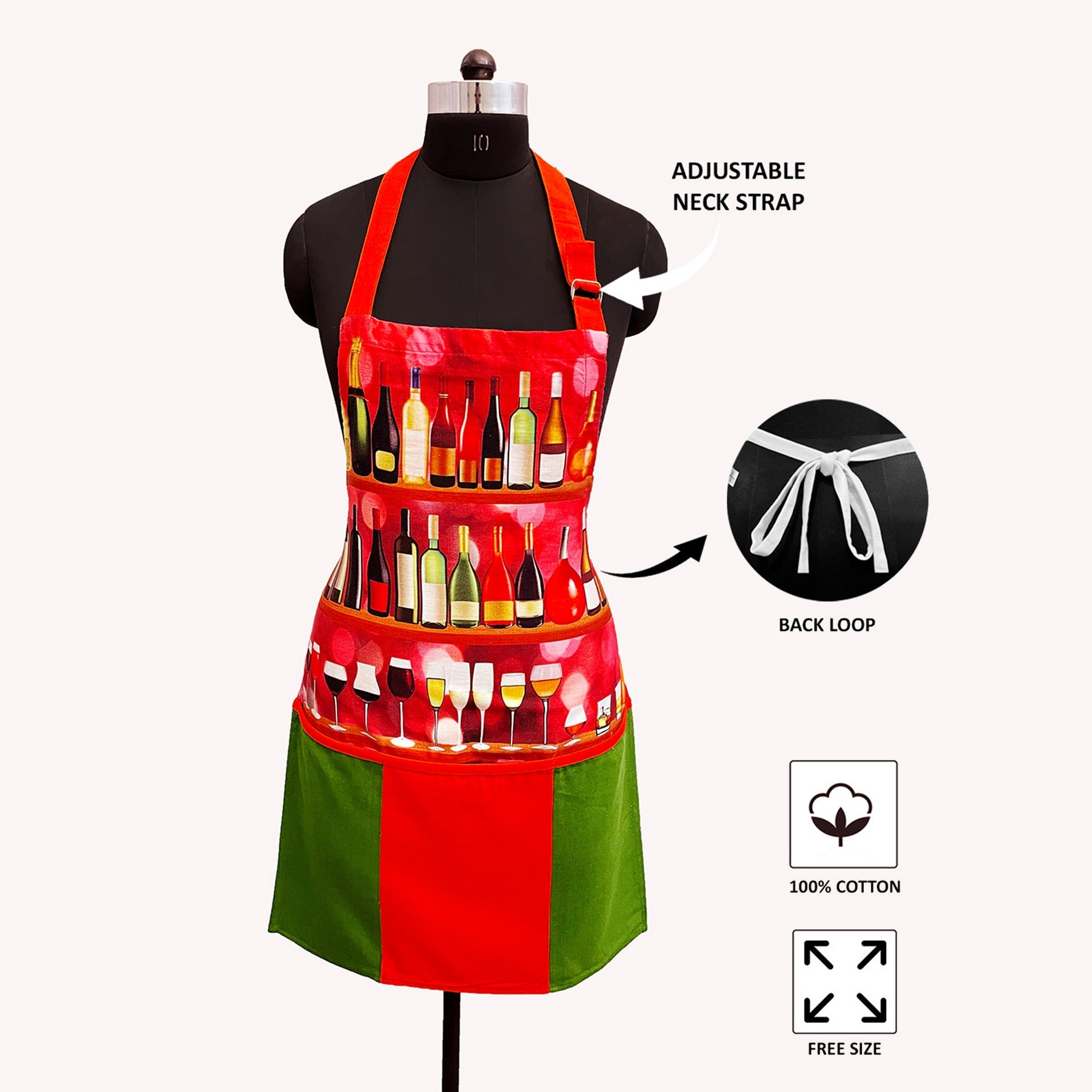Wine Bottles Theme Kitchen Apron with Adjustable Strap & Pocket