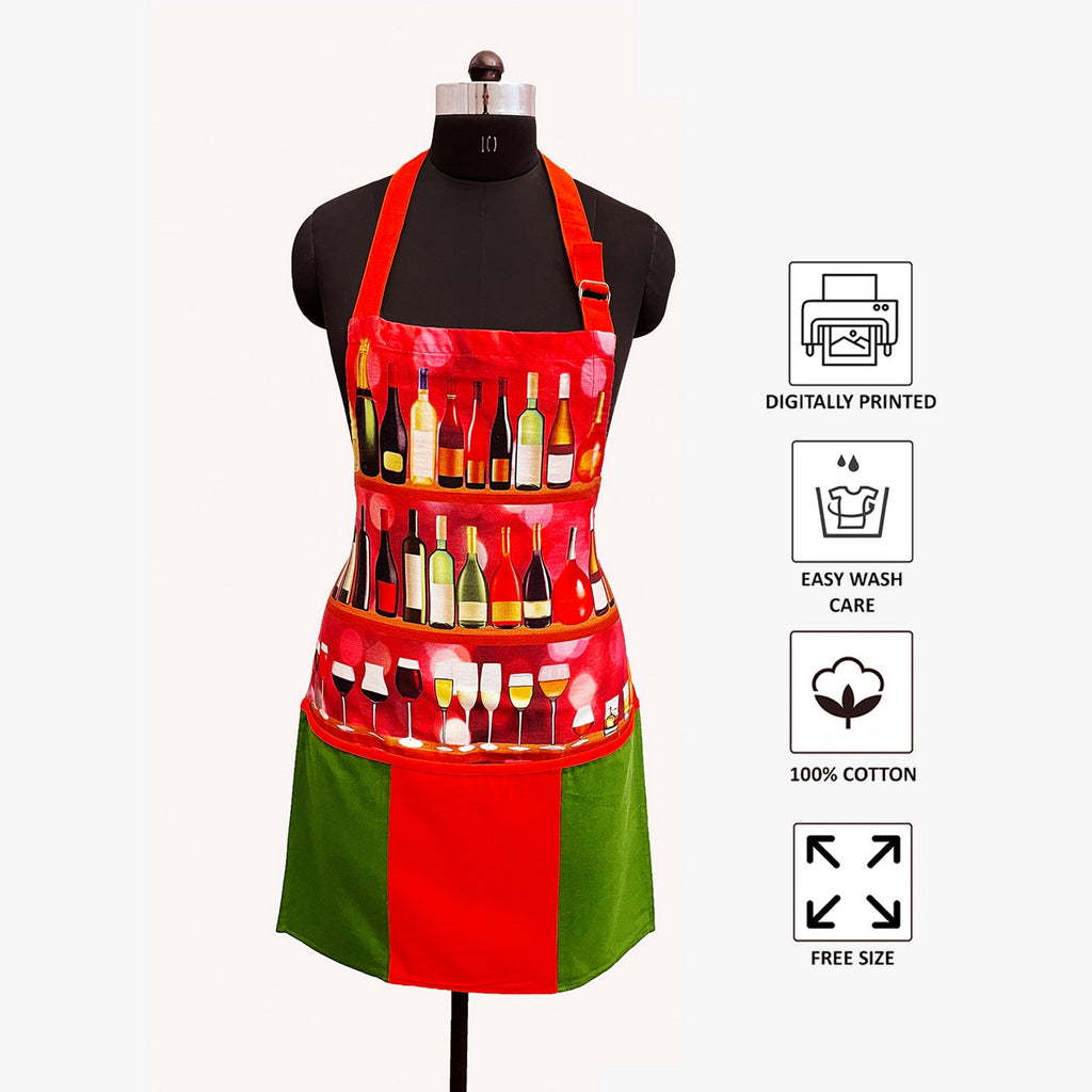 Wine Bottles Theme Kitchen Apron with Adjustable Strap & Pocket