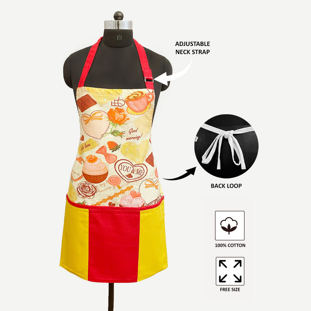 Good Morning Dessert Print Kitchen Apron with Adjustable Neck Strap & Pocket