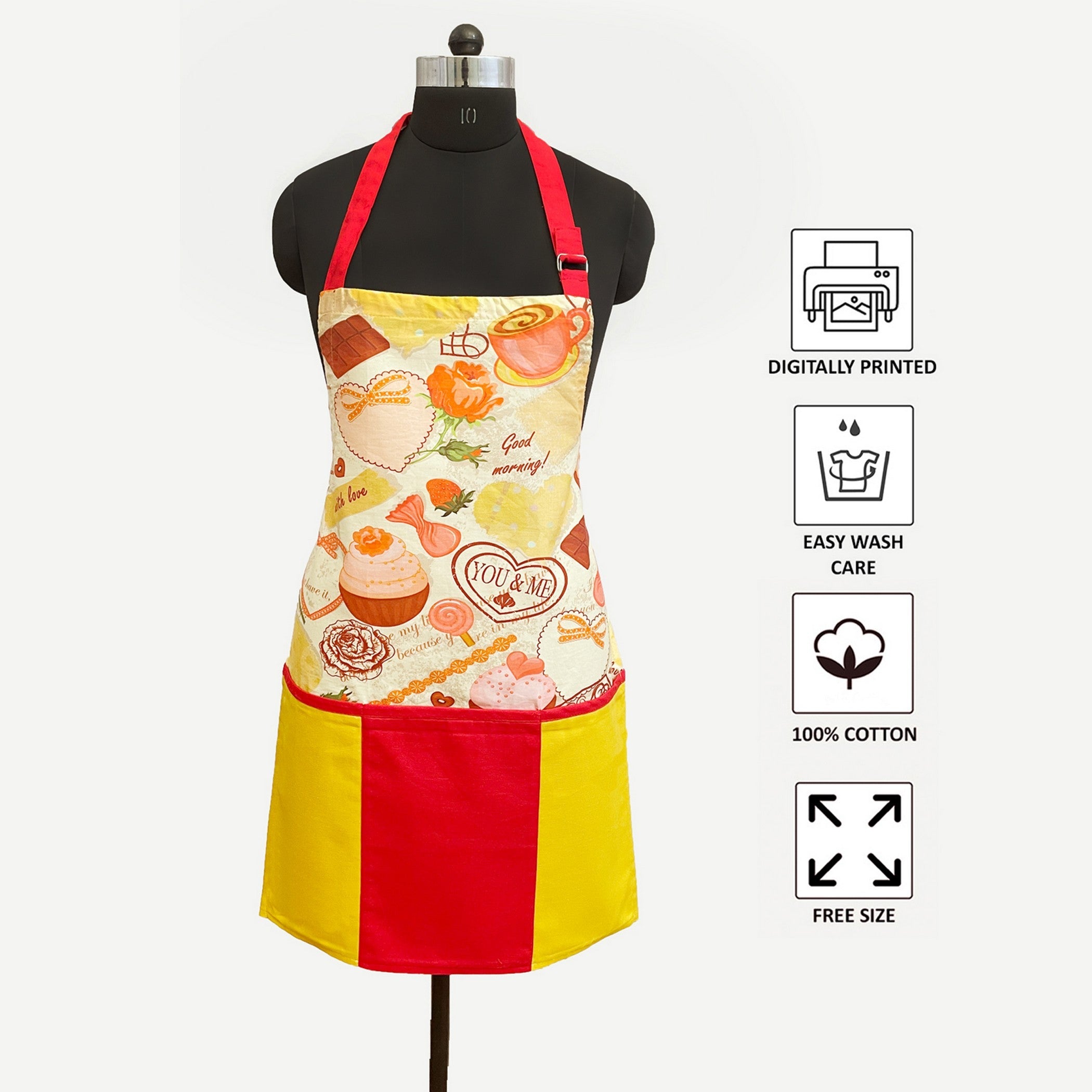 Good Morning Dessert Print Kitchen Apron with Adjustable Neck Strap & Pocket