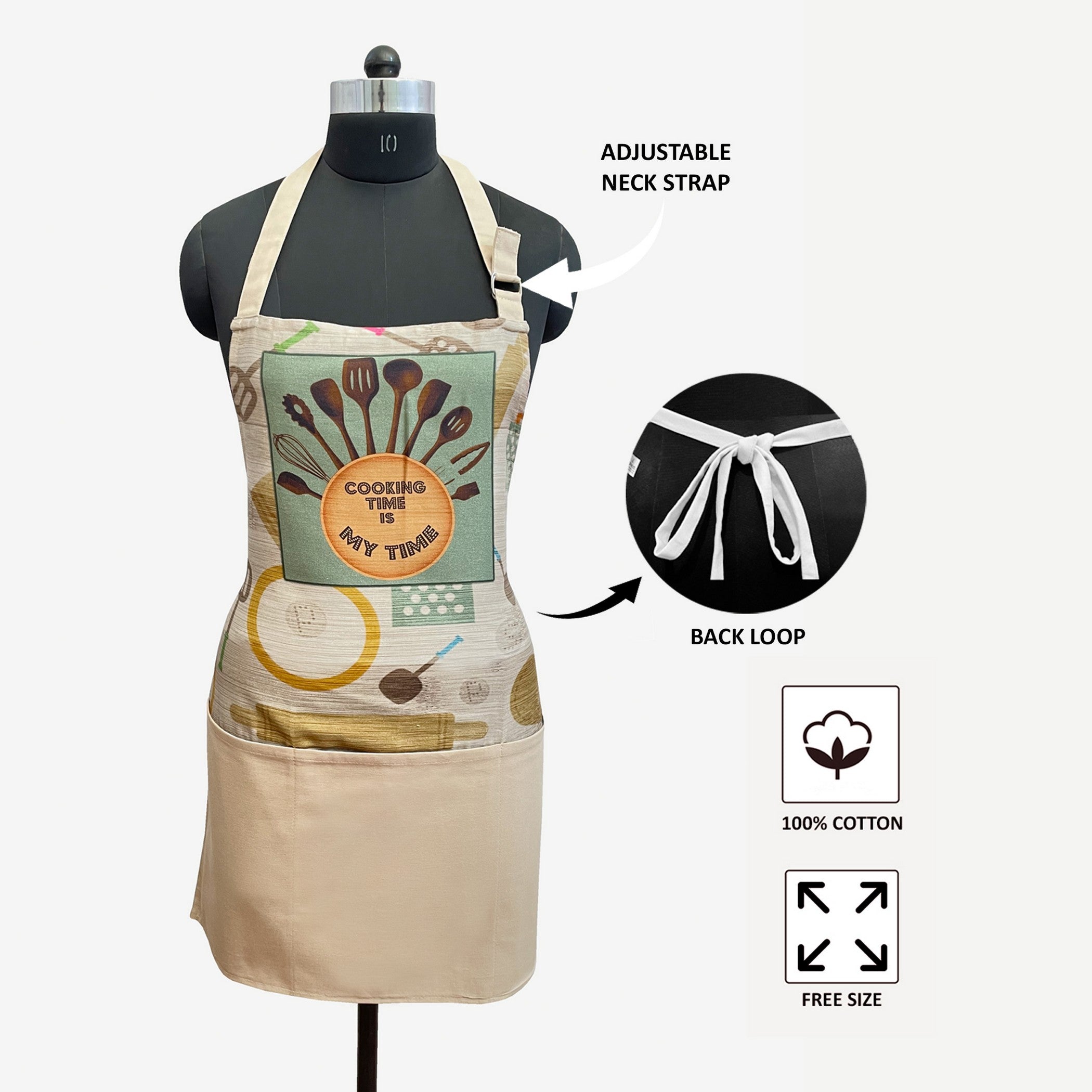 Cooking Time Is My Time Printed Kitchen Apron with Pocket