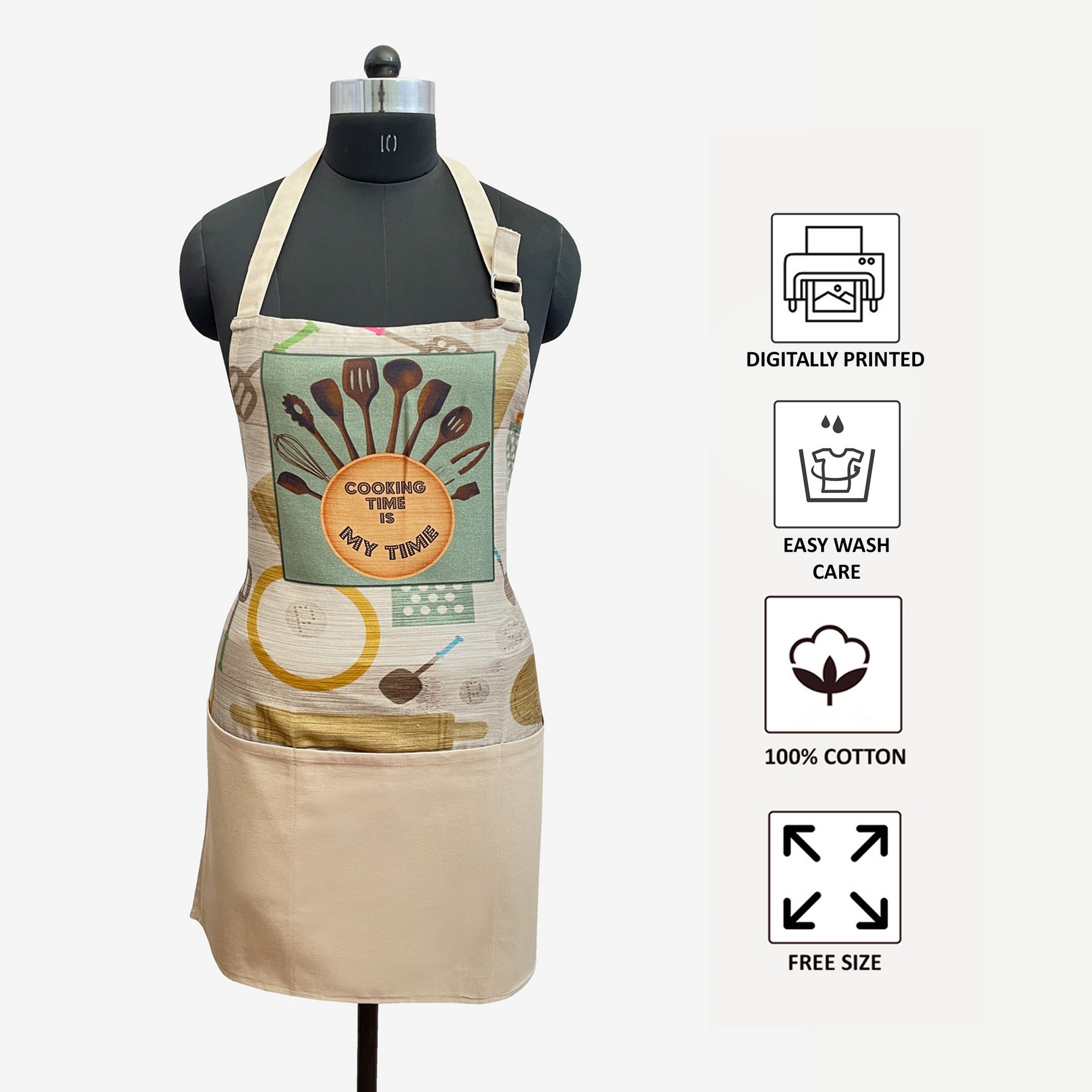 Cooking Time Is My Time Printed Kitchen Apron with Pocket