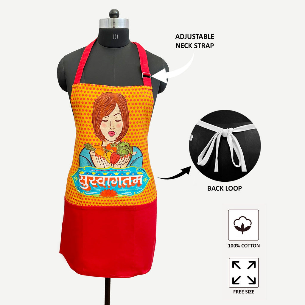 Indian Pop Art Style Kitchen Apron with Pocket – Yellow & Red