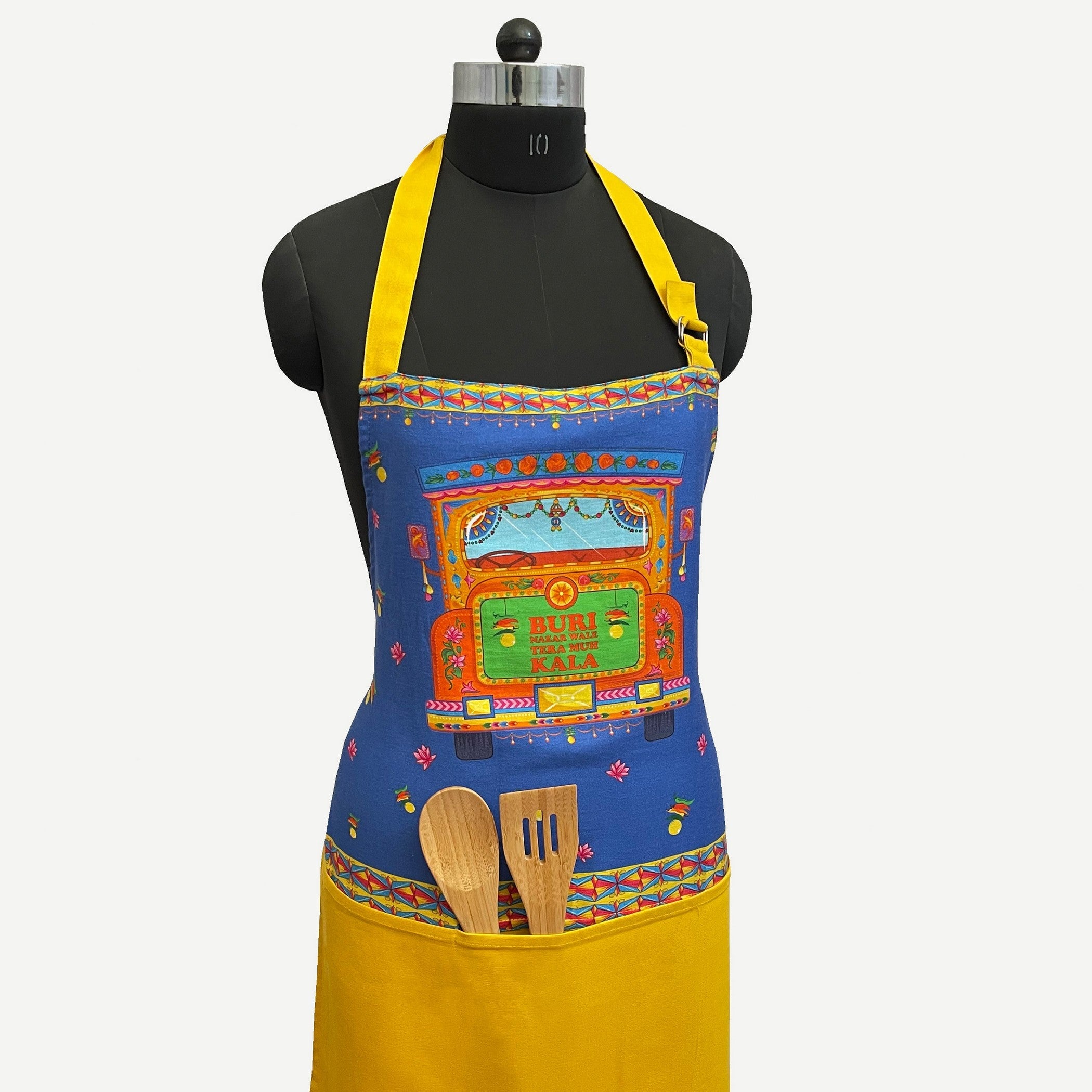 Desi Truck Art Kitchen Apron with Pocket – Blue & Yellow