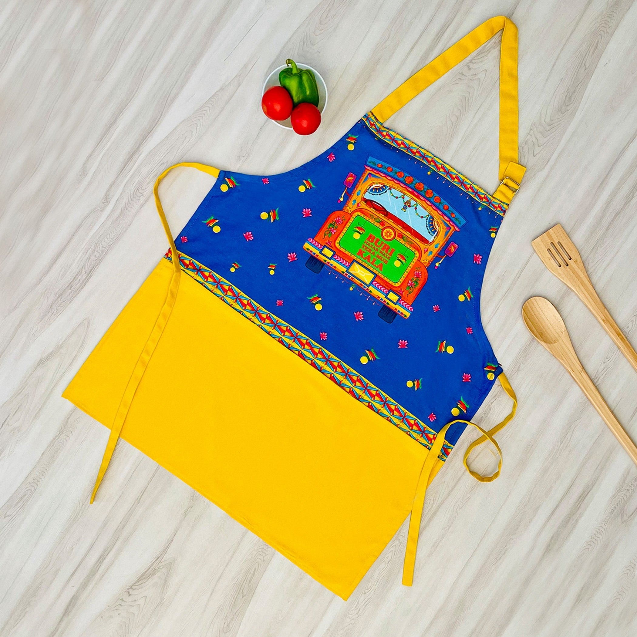 Desi Truck Art Kitchen Apron with Pocket – Blue & Yellow