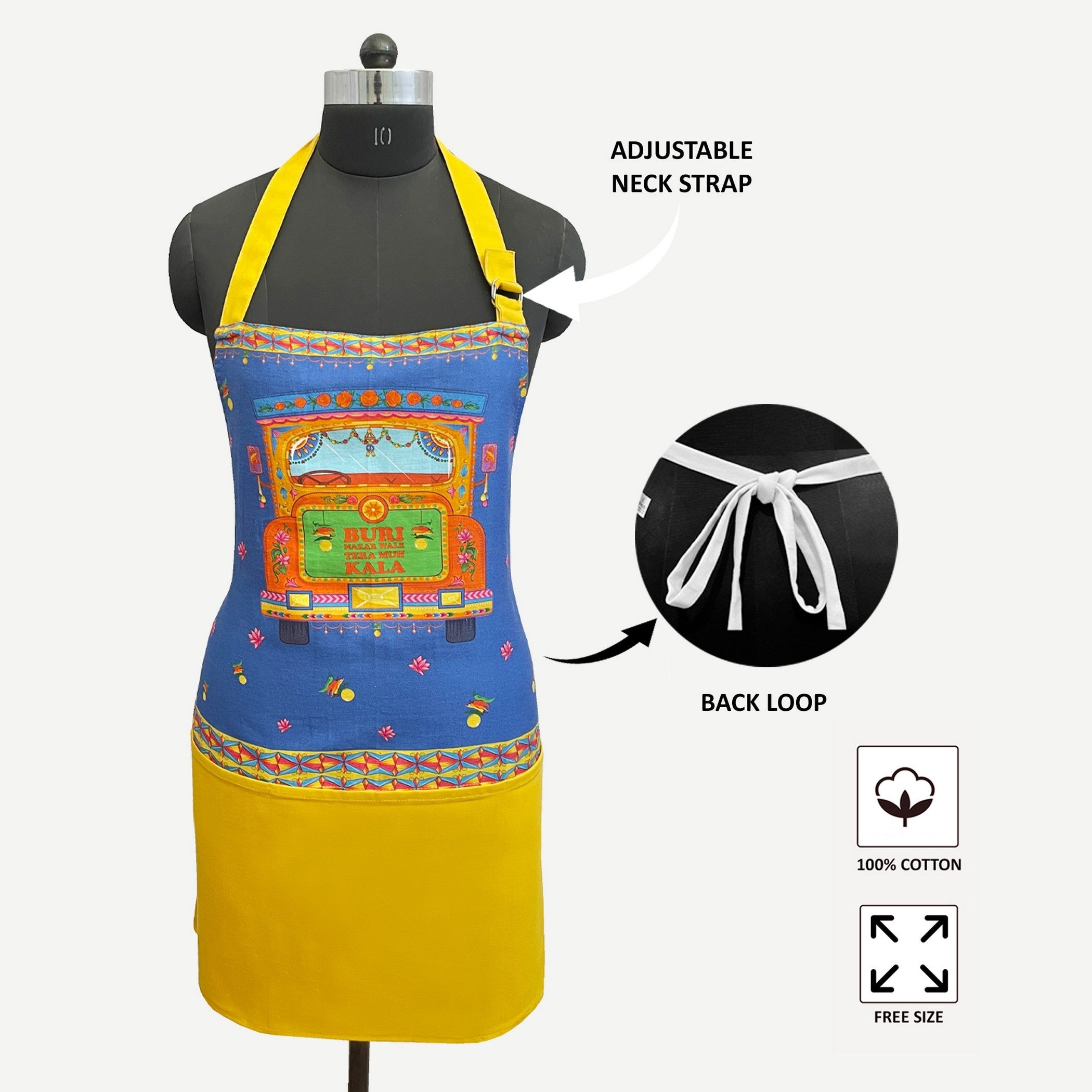 Desi Truck Art Kitchen Apron with Pocket – Blue & Yellow