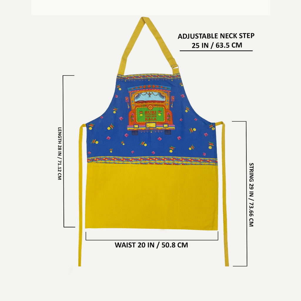 Desi Truck Art Kitchen Apron with Pocket – Blue & Yellow