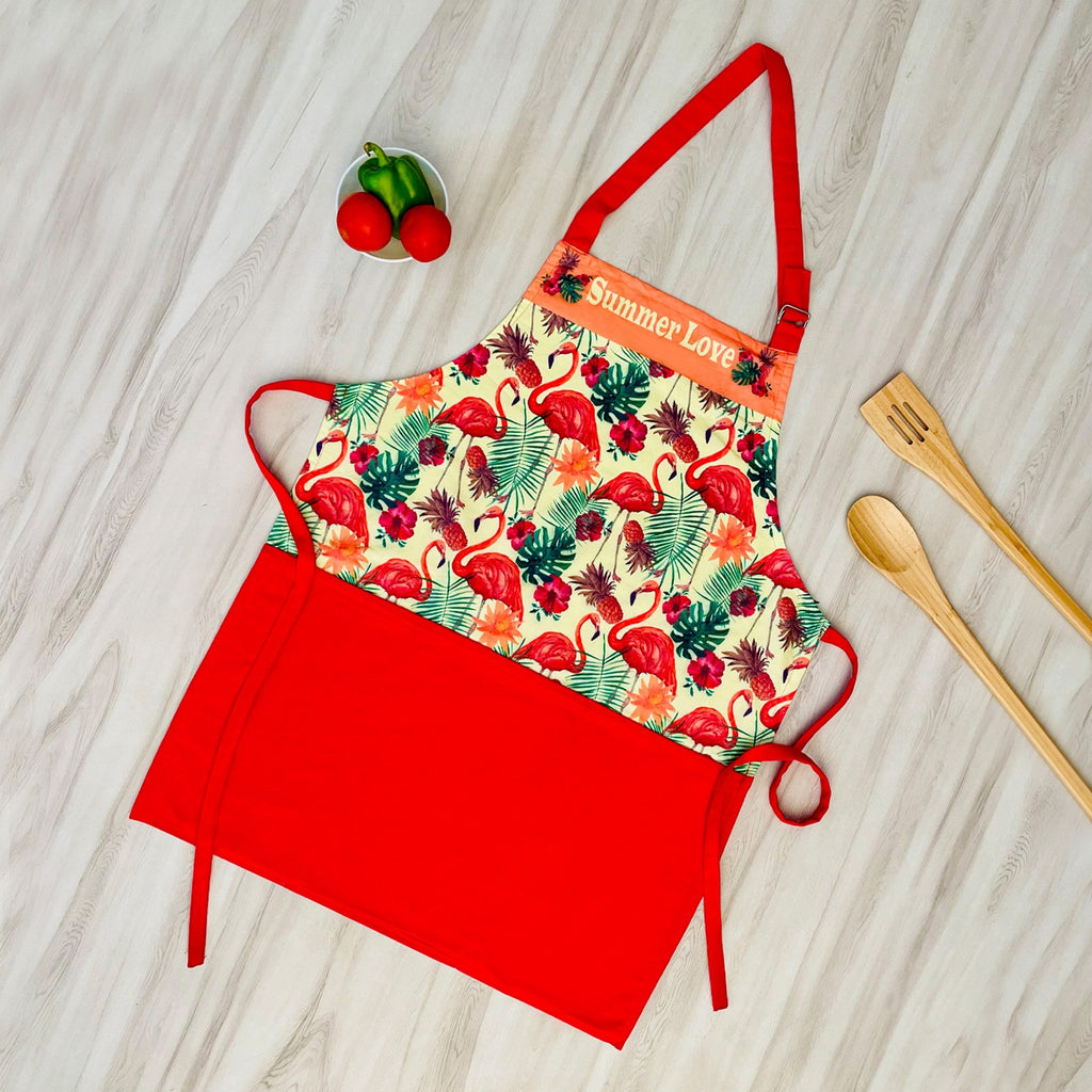 Summer Love Flamingo Print Kitchen Apron with Pocket – Red & Peach