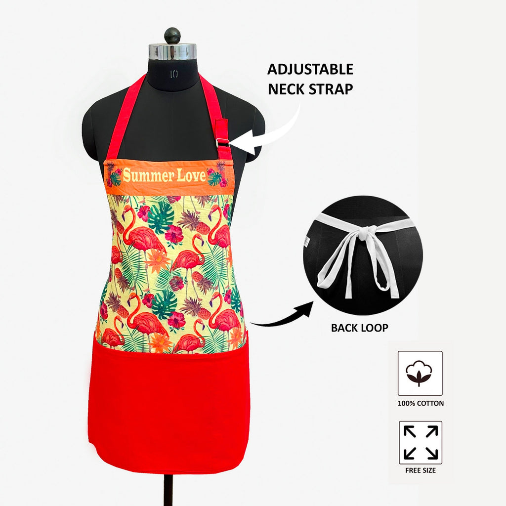 Summer Love Flamingo Print Kitchen Apron with Pocket – Red & Peach