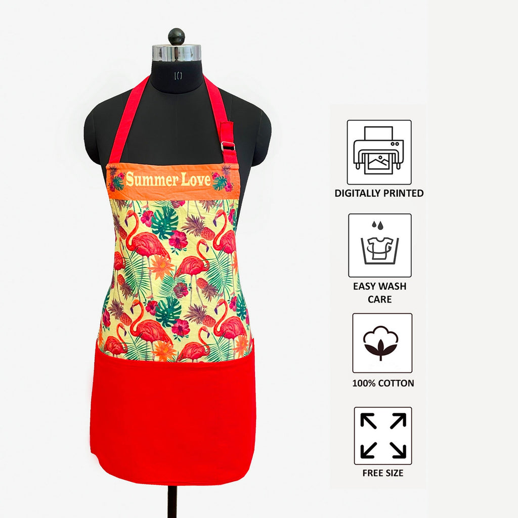 Summer Love Flamingo Print Kitchen Apron with Pocket – Red & Peach