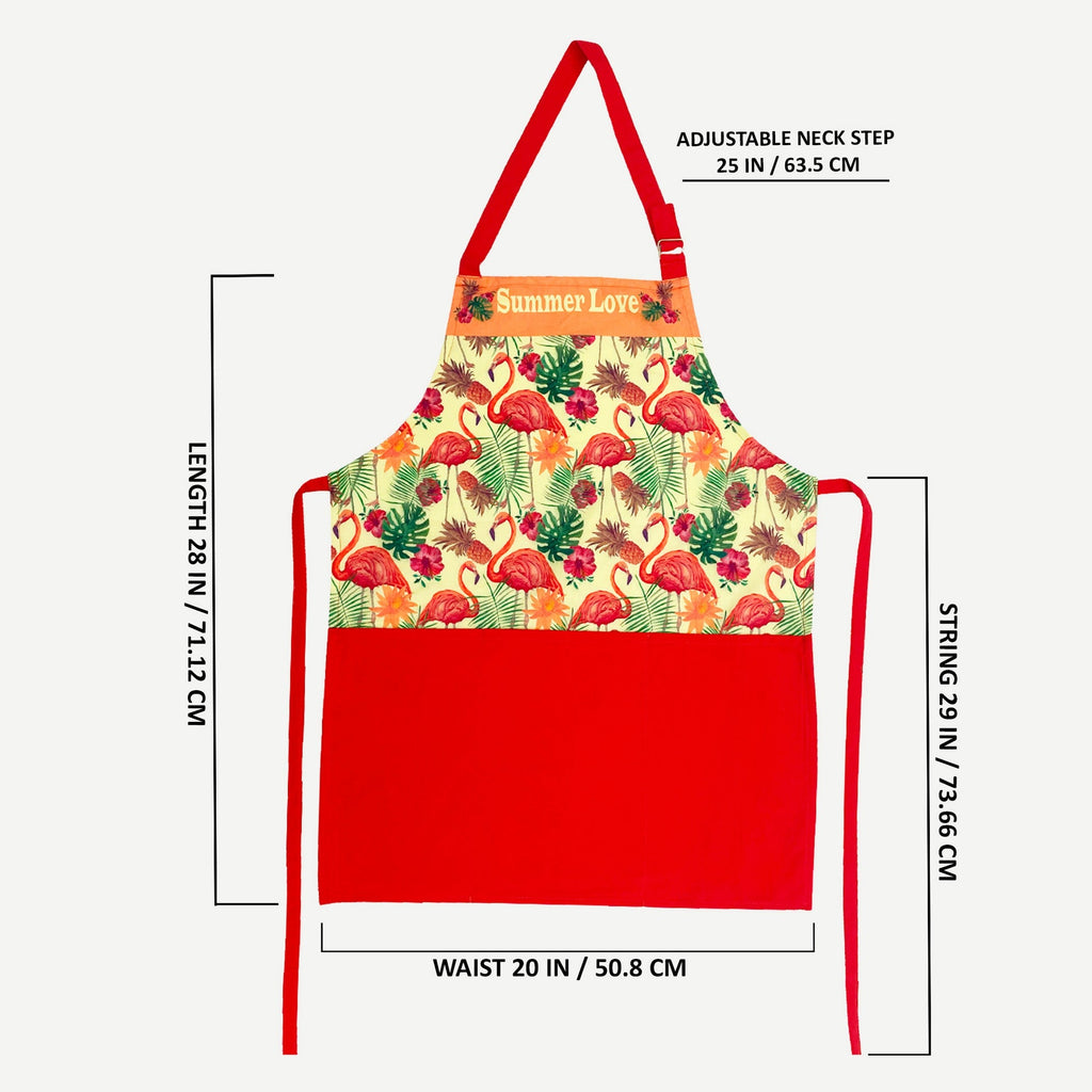 Summer Love Flamingo Print Kitchen Apron with Pocket – Red & Peach