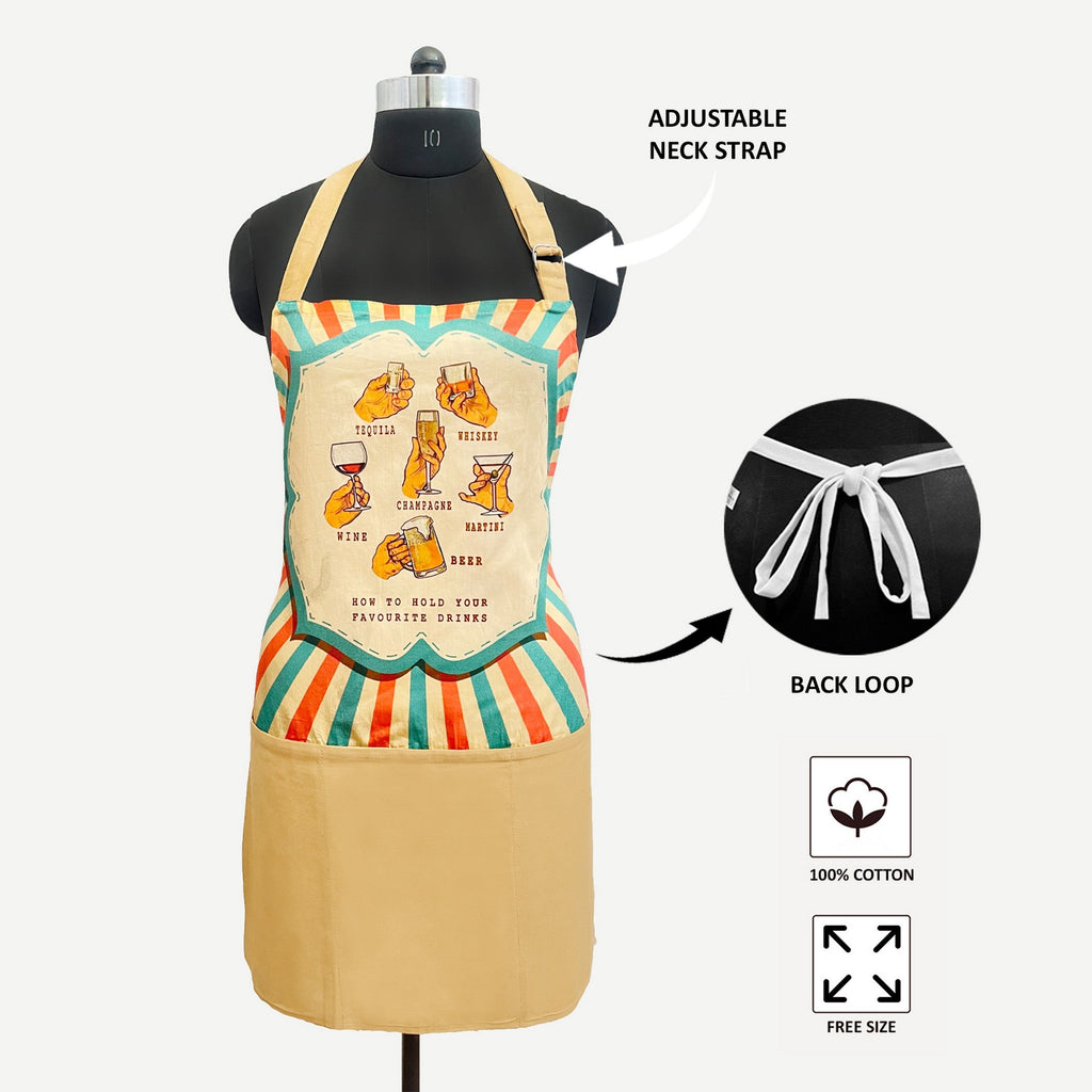 Retro Bar Drinks Guide Kitchen Apron with Pocket – Multicolor