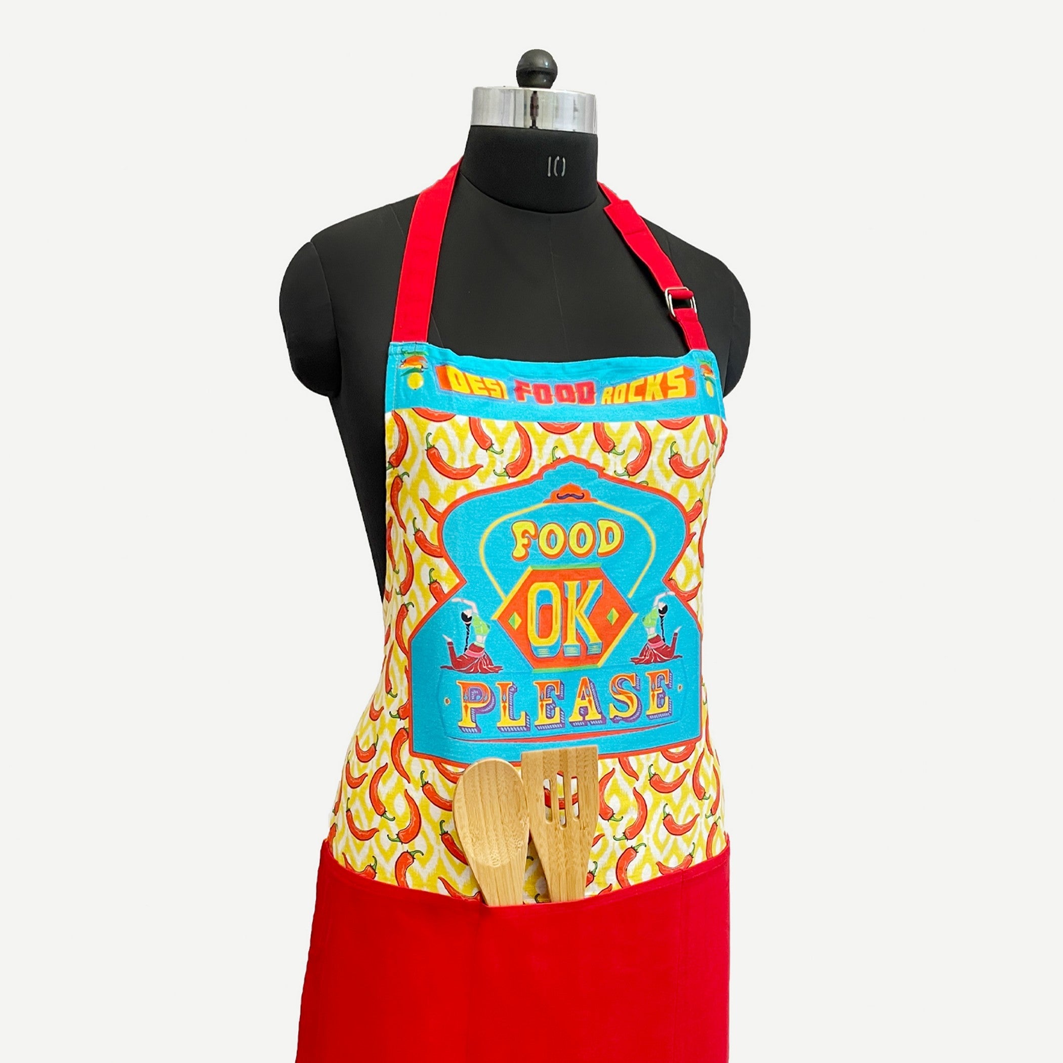 Food OK Please” Funky Kitchen Apron with Pocket – Desi Truck Art Design