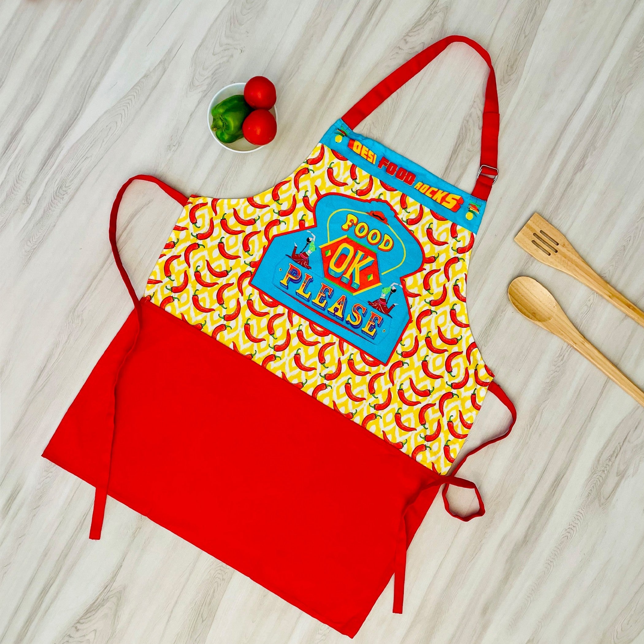 Food OK Please” Funky Kitchen Apron with Pocket – Desi Truck Art Design