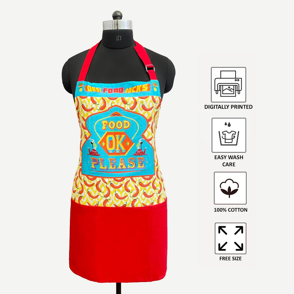 Food OK Please” Funky Kitchen Apron with Pocket – Desi Truck Art Design