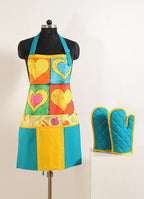 Printed Kitchen Apron with Oven Gloves Set - Colorful Heart Patch Design