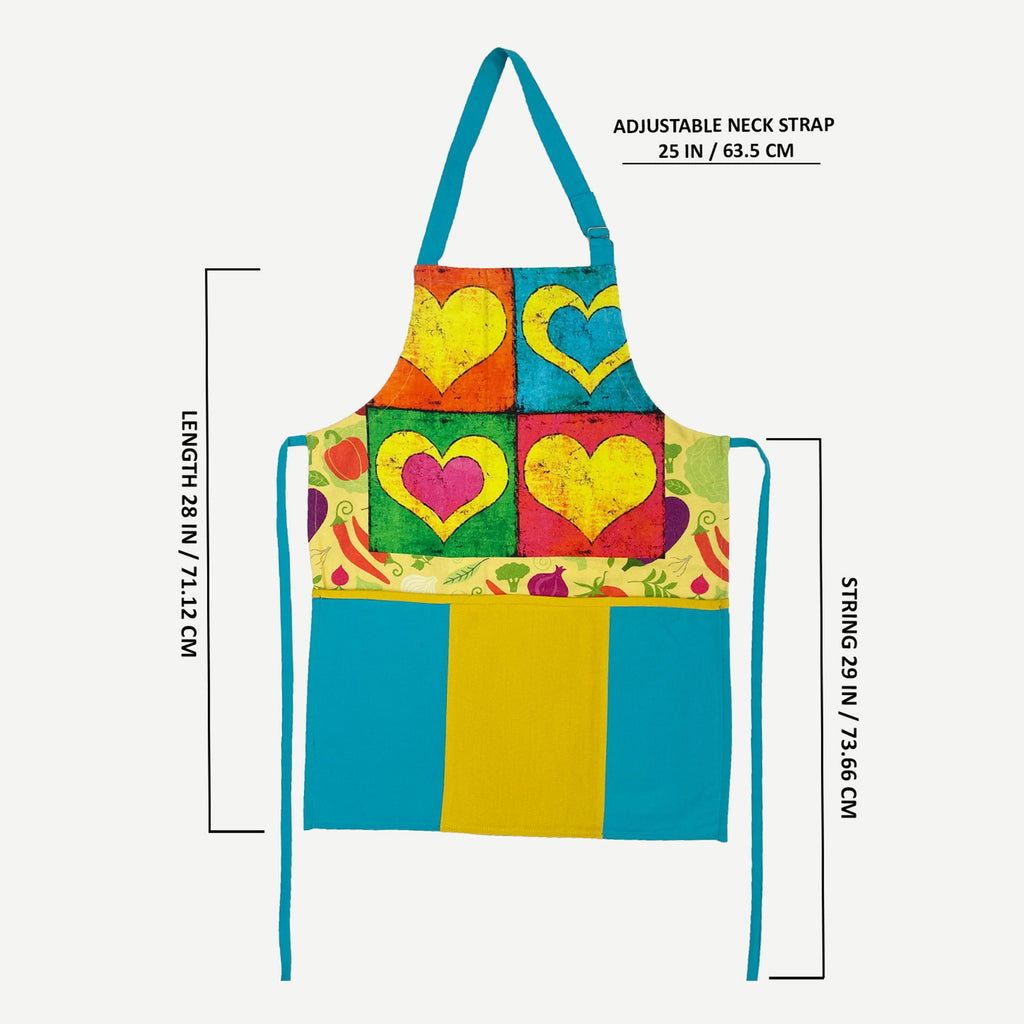 Printed Kitchen Apron with Oven Gloves Set - Colorful Heart Patch Design