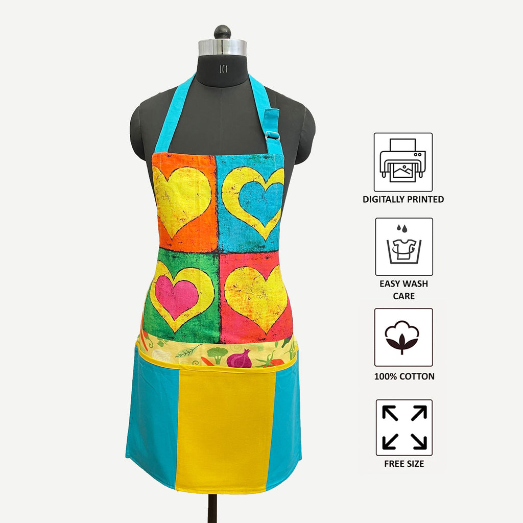 Printed Kitchen Apron with Oven Gloves Set - Colorful Heart Patch Design