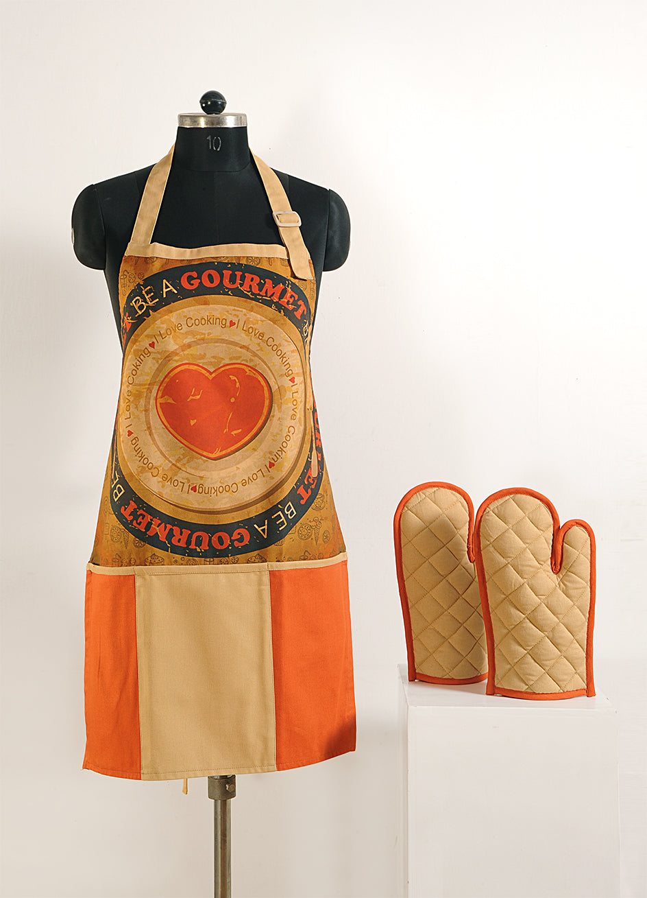 Printed Kitchen Apron with Oven Gloves Set - Be a Gourmet Theme