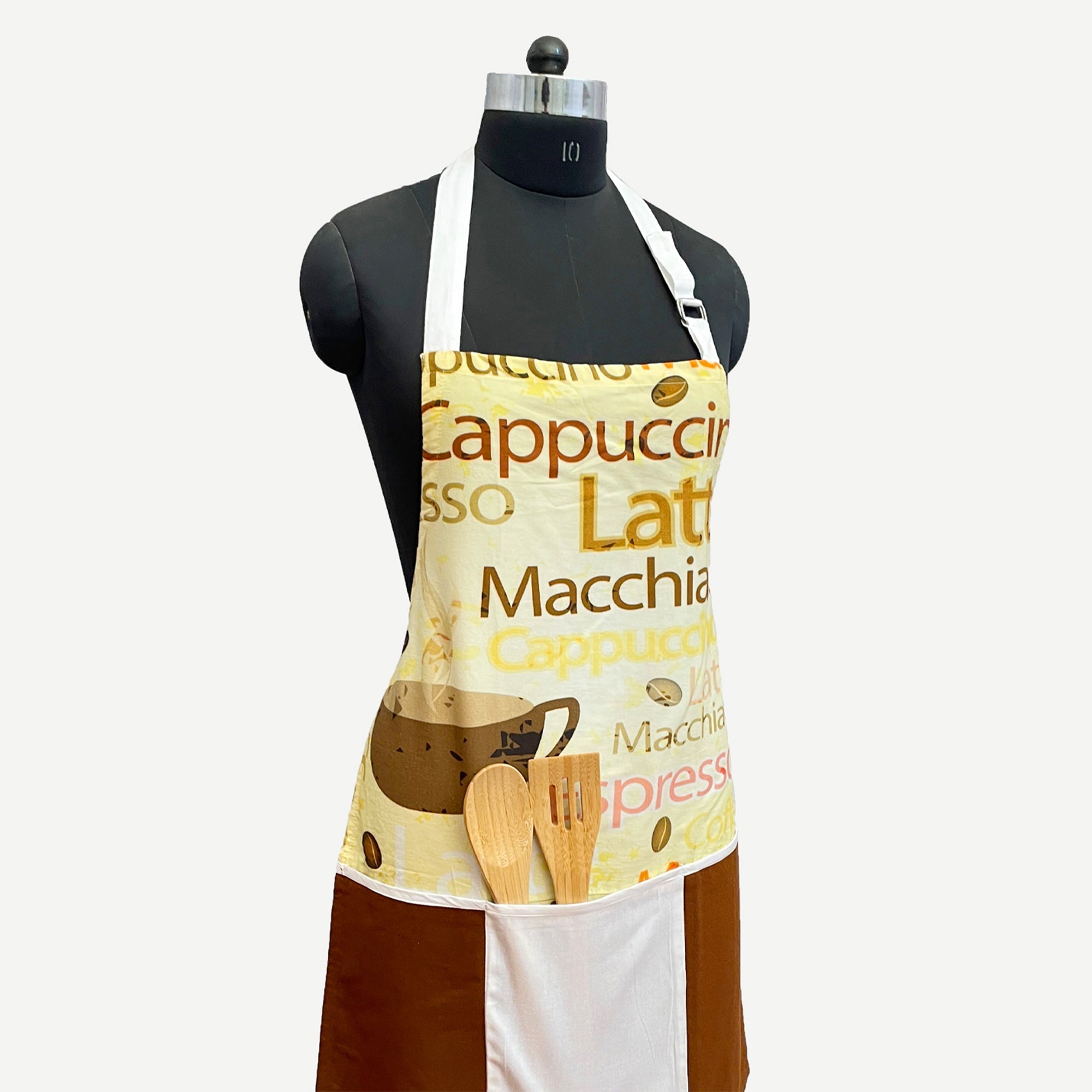 Coffee Print Cotton Kitchen Apron with Adjustable Neck & Pocket