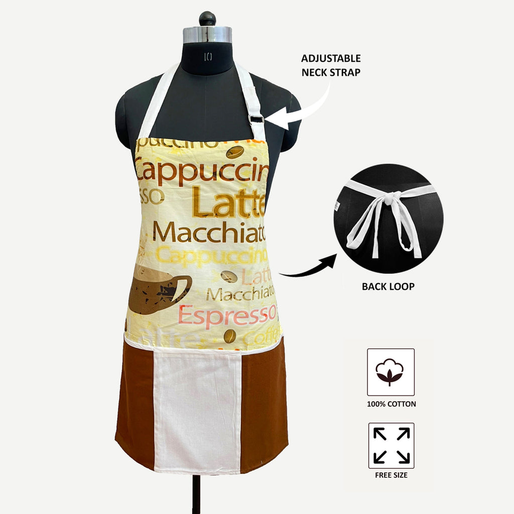 Coffee Print Cotton Kitchen Apron with Adjustable Neck & Pocket