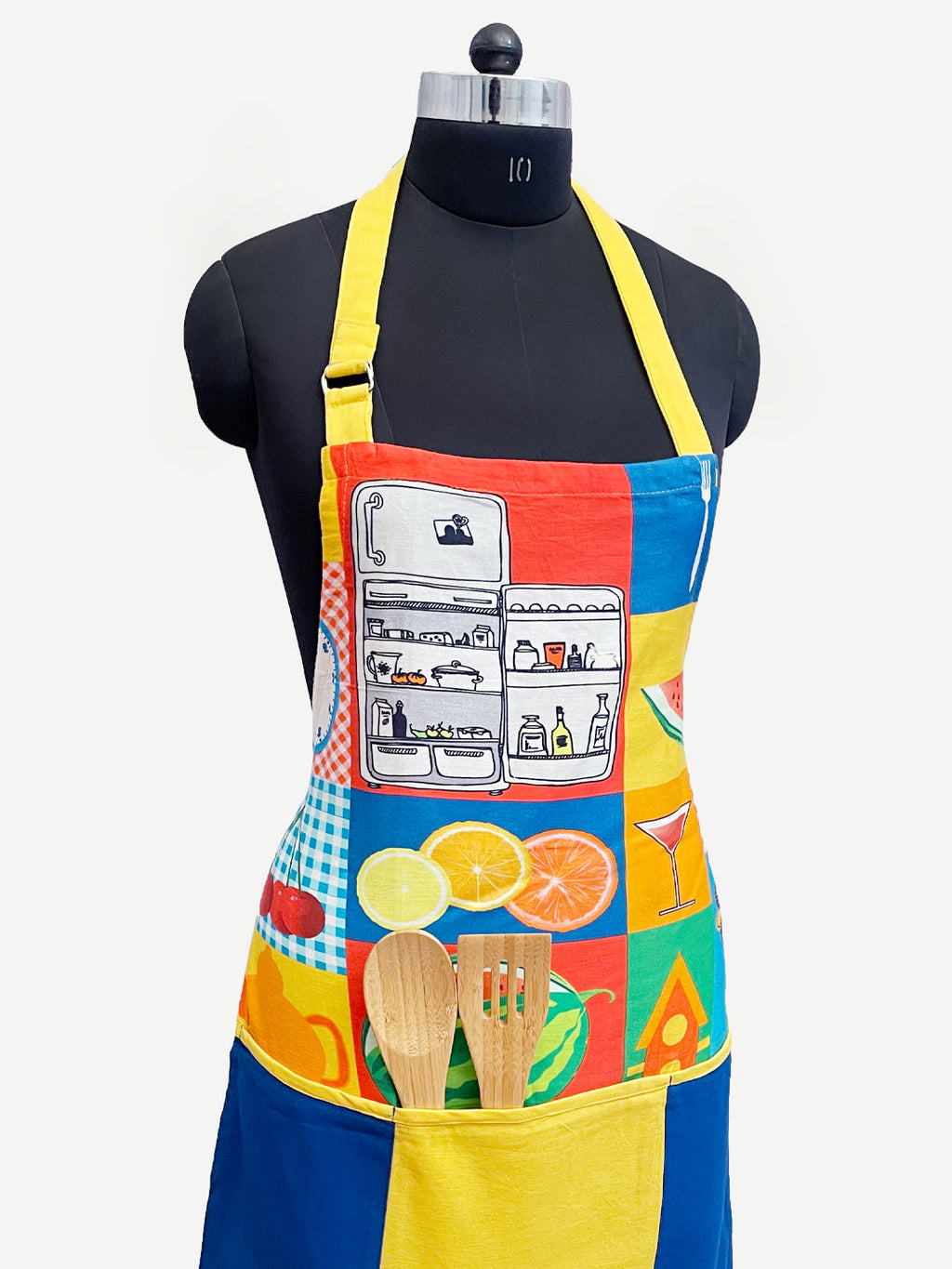 Printed Kitchen Apron with Pocket - Colorful Kitchen Illustration Design