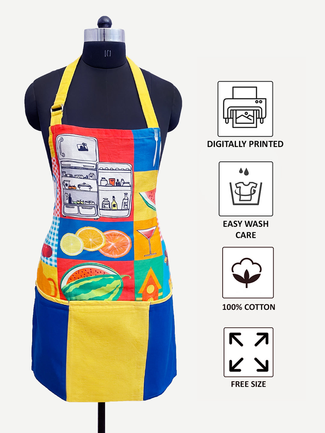 Printed Kitchen Apron with Pocket - Colorful Kitchen Illustration Design