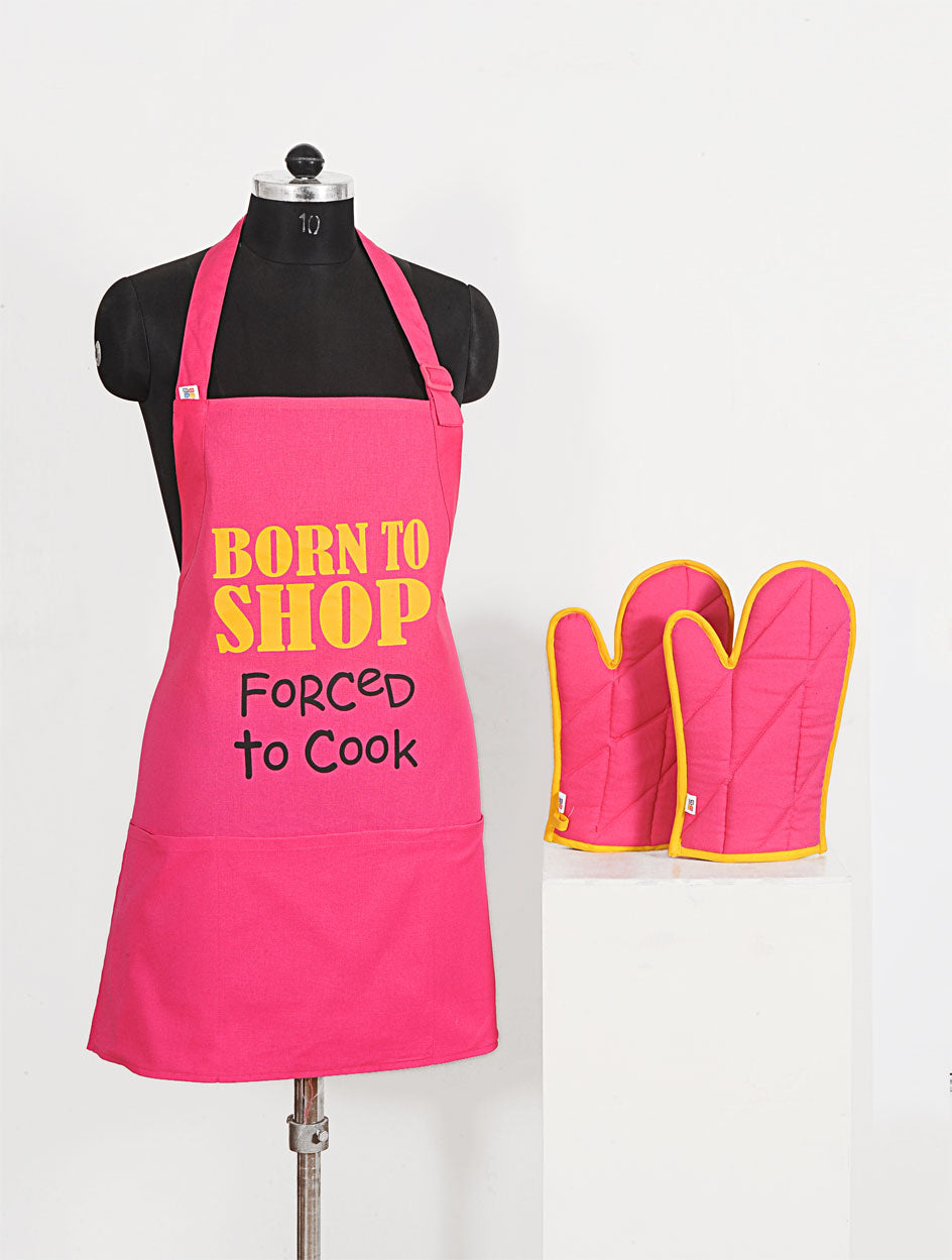 Pink Cotton Kitchen Apron with Matching Oven Gloves - “Born to Shop, Forced to Cook” Printed Set