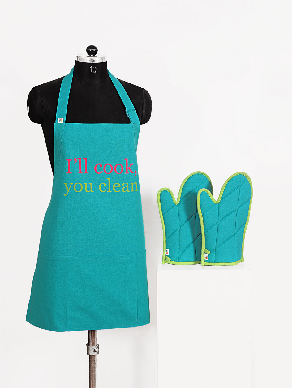 Turquoise Cotton Kitchen Apron with Matching Oven Gloves - “I’ll Cook, You Clean” Printed Set