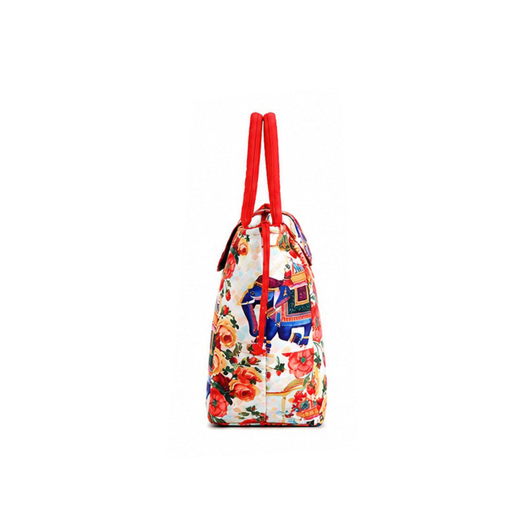Royal Elephant & Floral Print Ethnic Insulated Tiffin Bag with Front & Inside Pocket