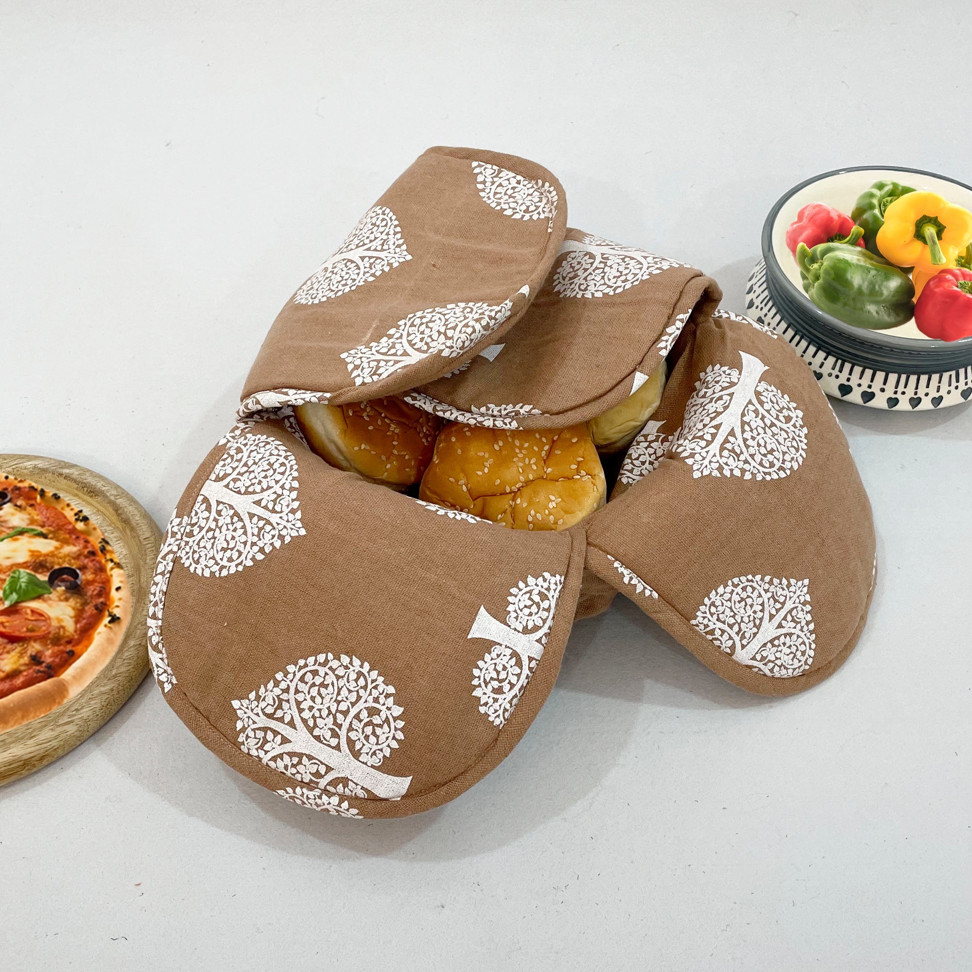 Cotton Printed Insulated Bread Basket - Tree Motif Design (Brown)