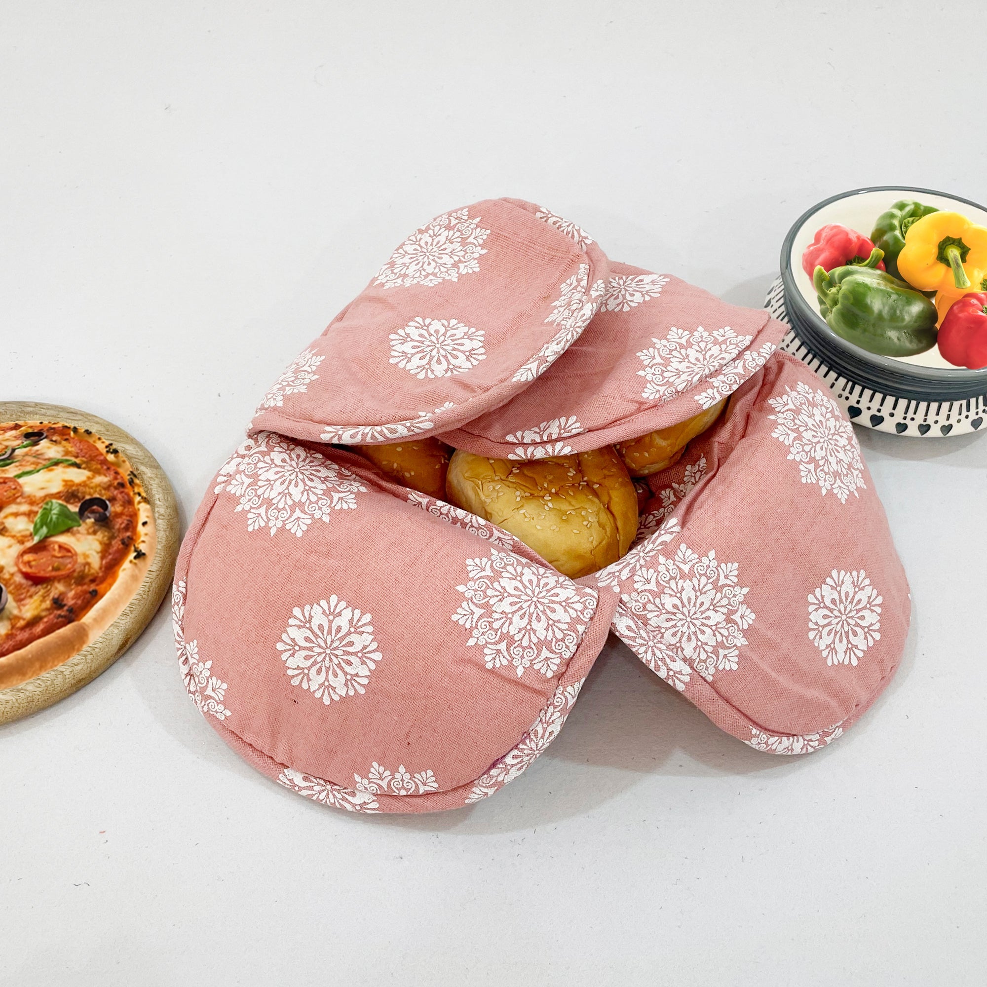 Cotton Printed Insulated Bread Basket - Mandala Motif Design (Pink)