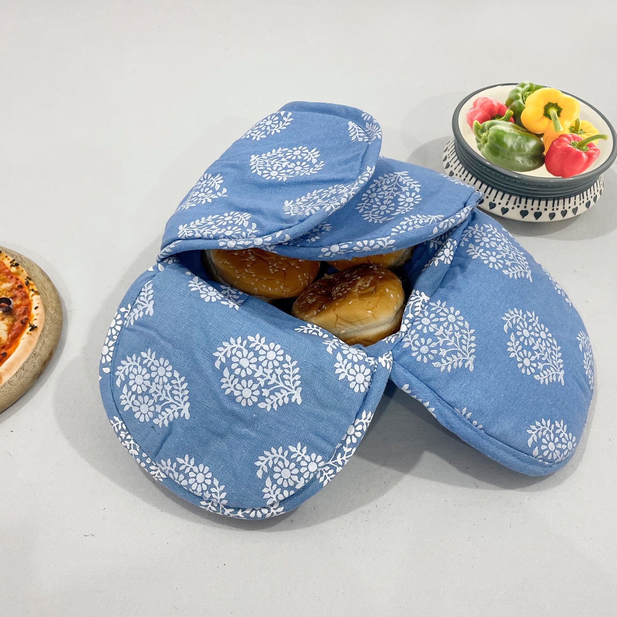 Insulated Cotton Blue Floral Printed Bread Basket for Warm Rotis, Pav & Buns