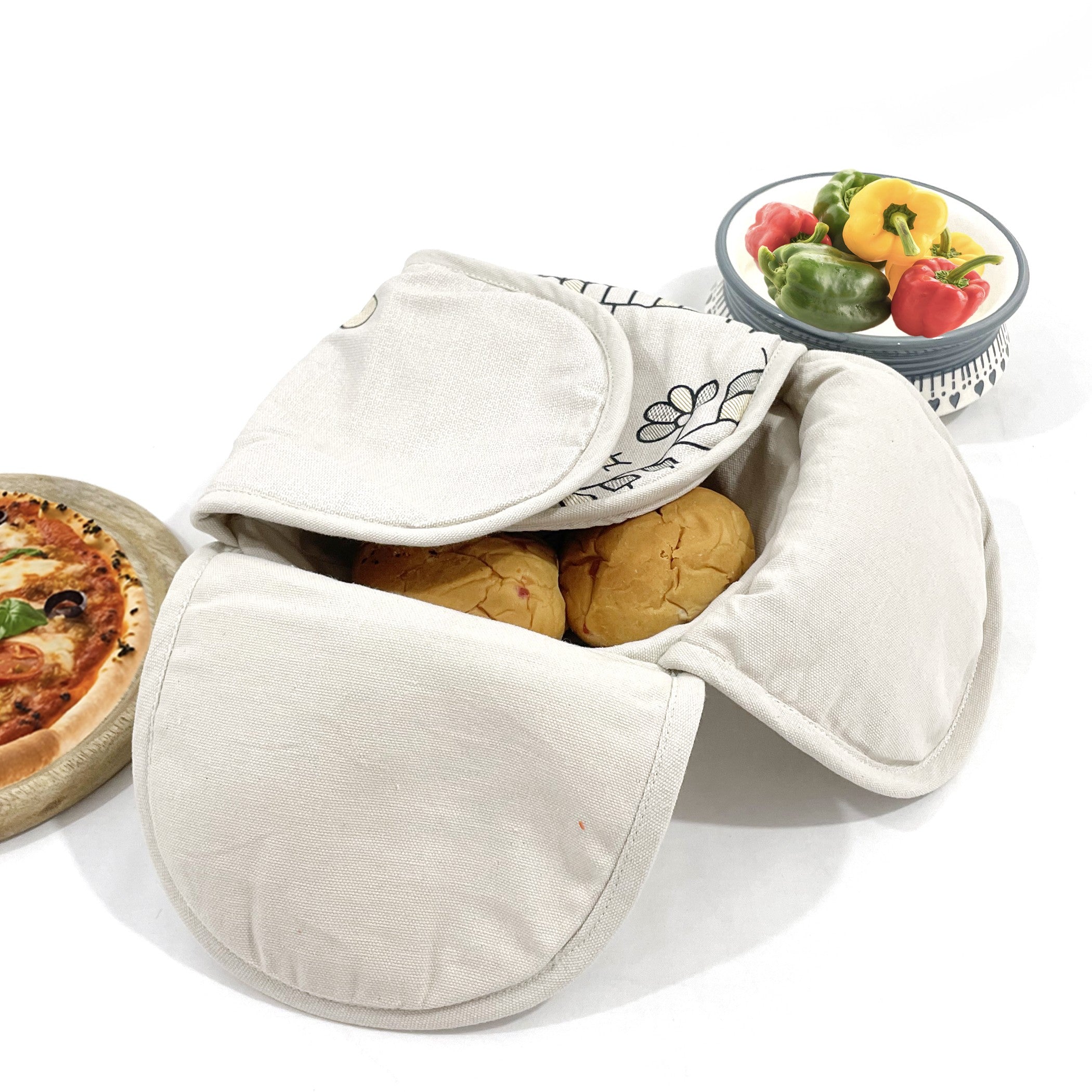 Insulated Cotton Cream Floral Bread Basket for Warm Rotis, Pav & Parathas