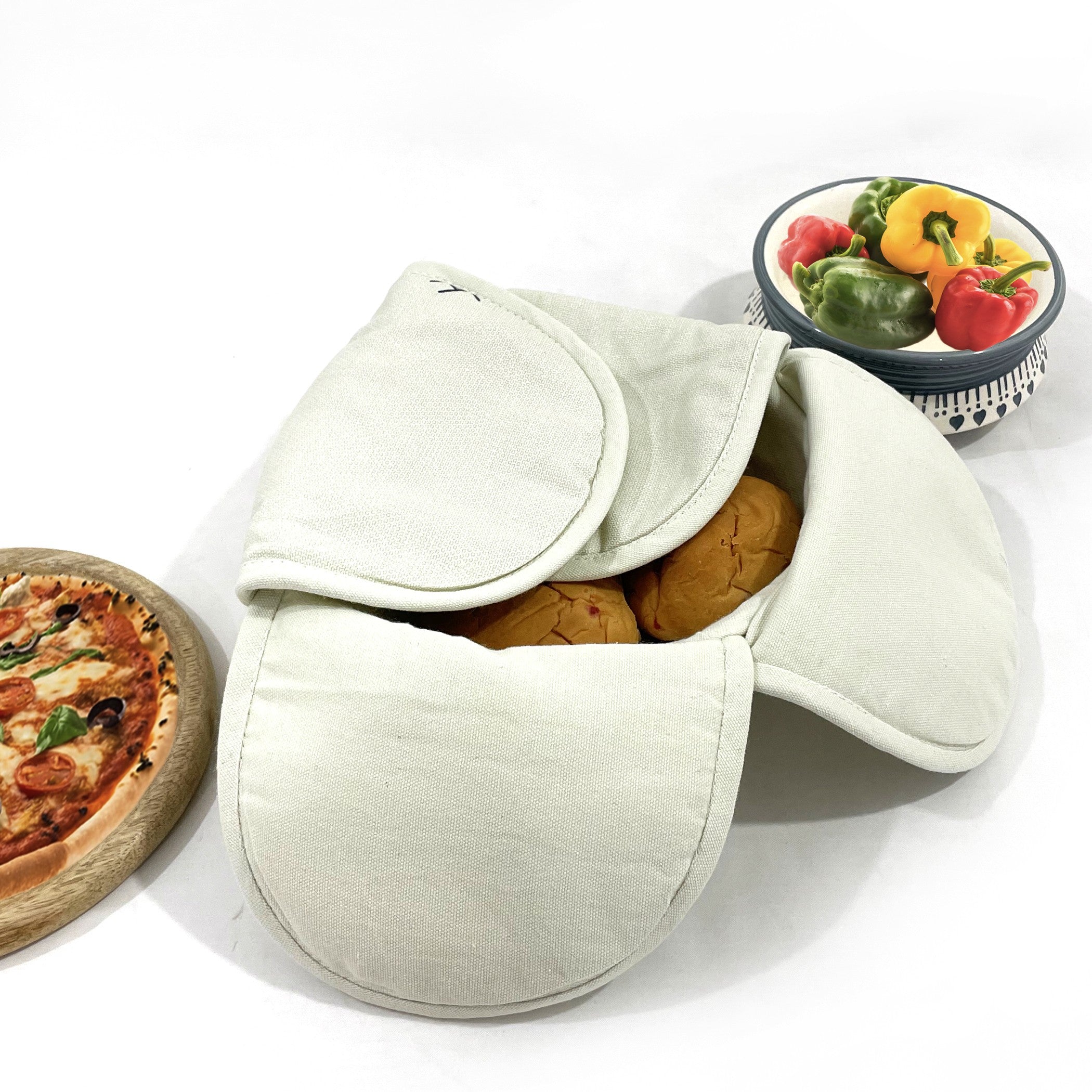 Insulated Cotton Minimal Off-White Bread Basket for Warm Rotis, Pav & Parathas