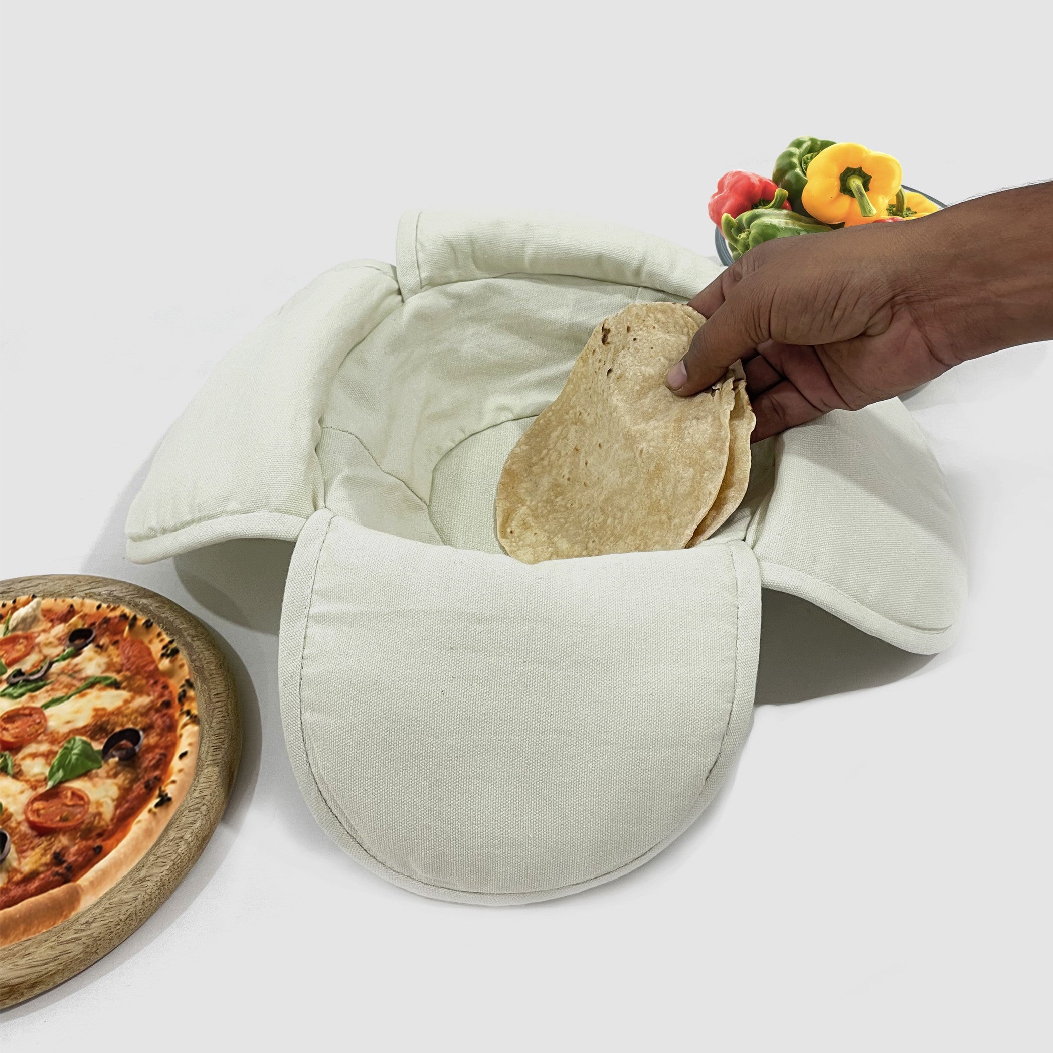 Insulated Cotton Minimal Off-White Bread Basket for Warm Rotis, Pav & Parathas