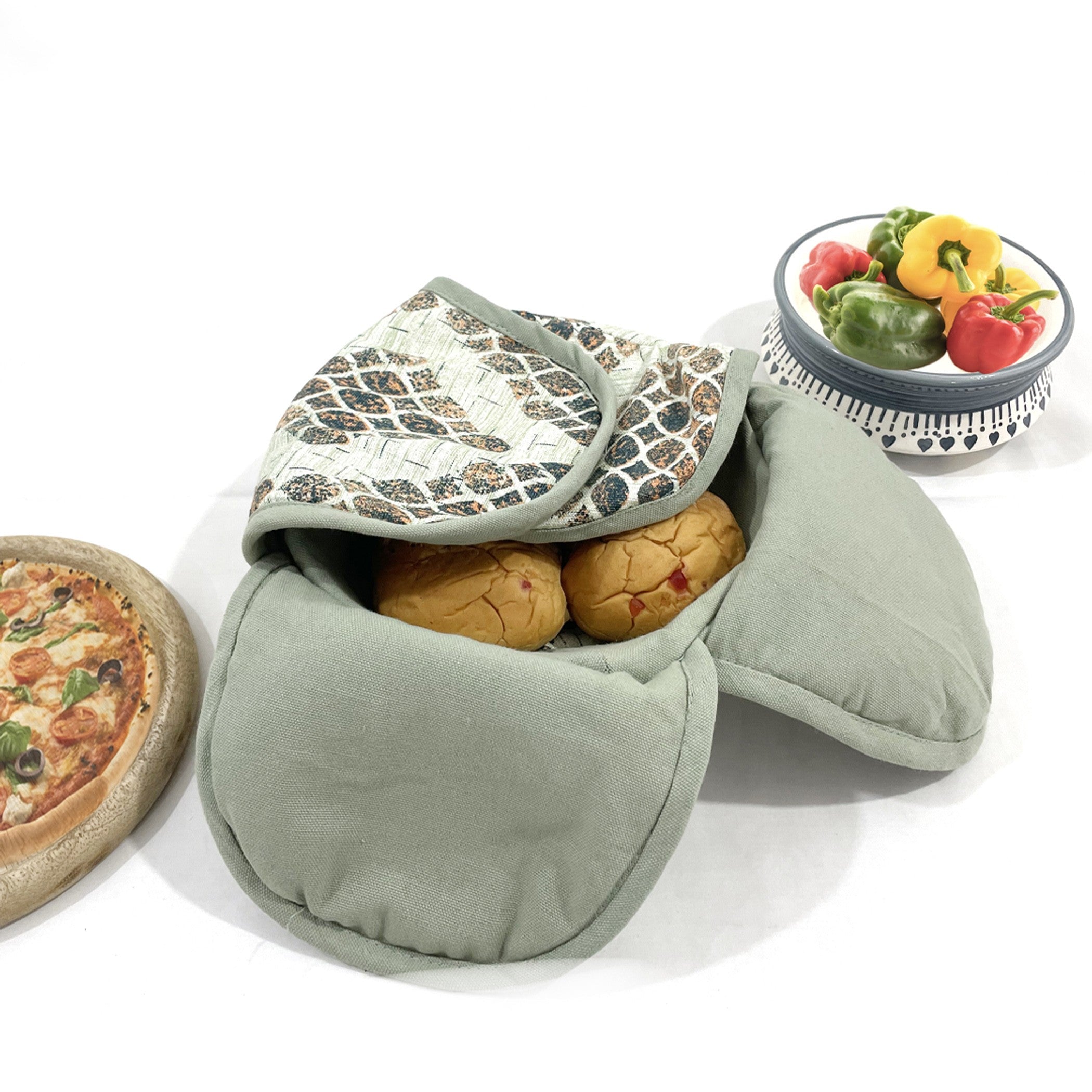 Insulated Cotton Bread Basket for Warm Roti, Pav & Parathas - Leaf Texture Design