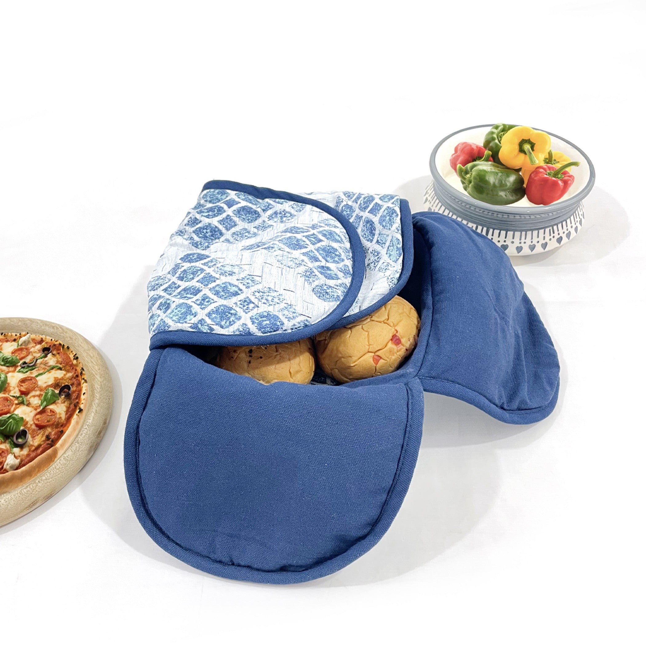 Insulated Cotton Blue Textured Print Bread Basket