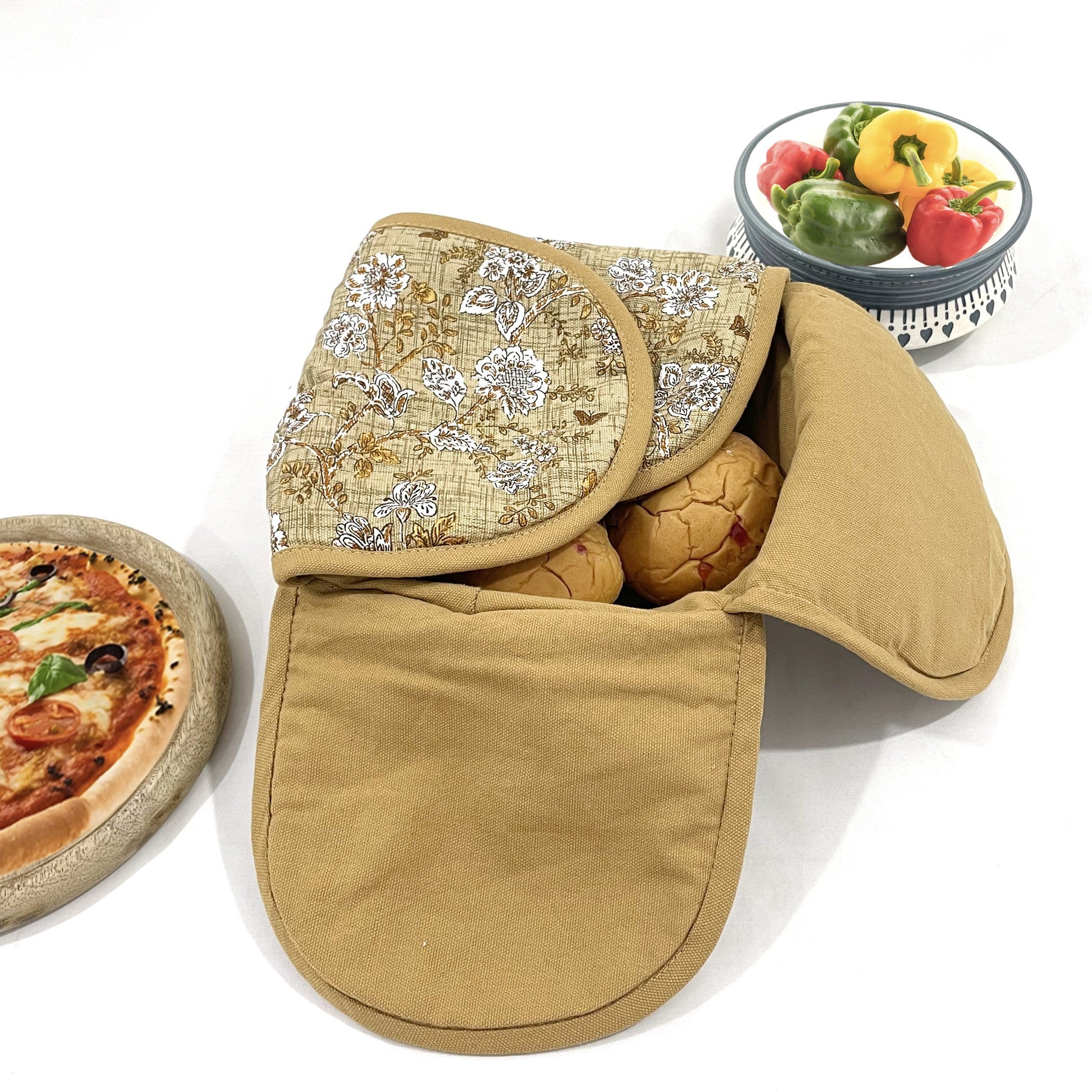 Insulated Cotton Bread Basket - Golden Floral Print