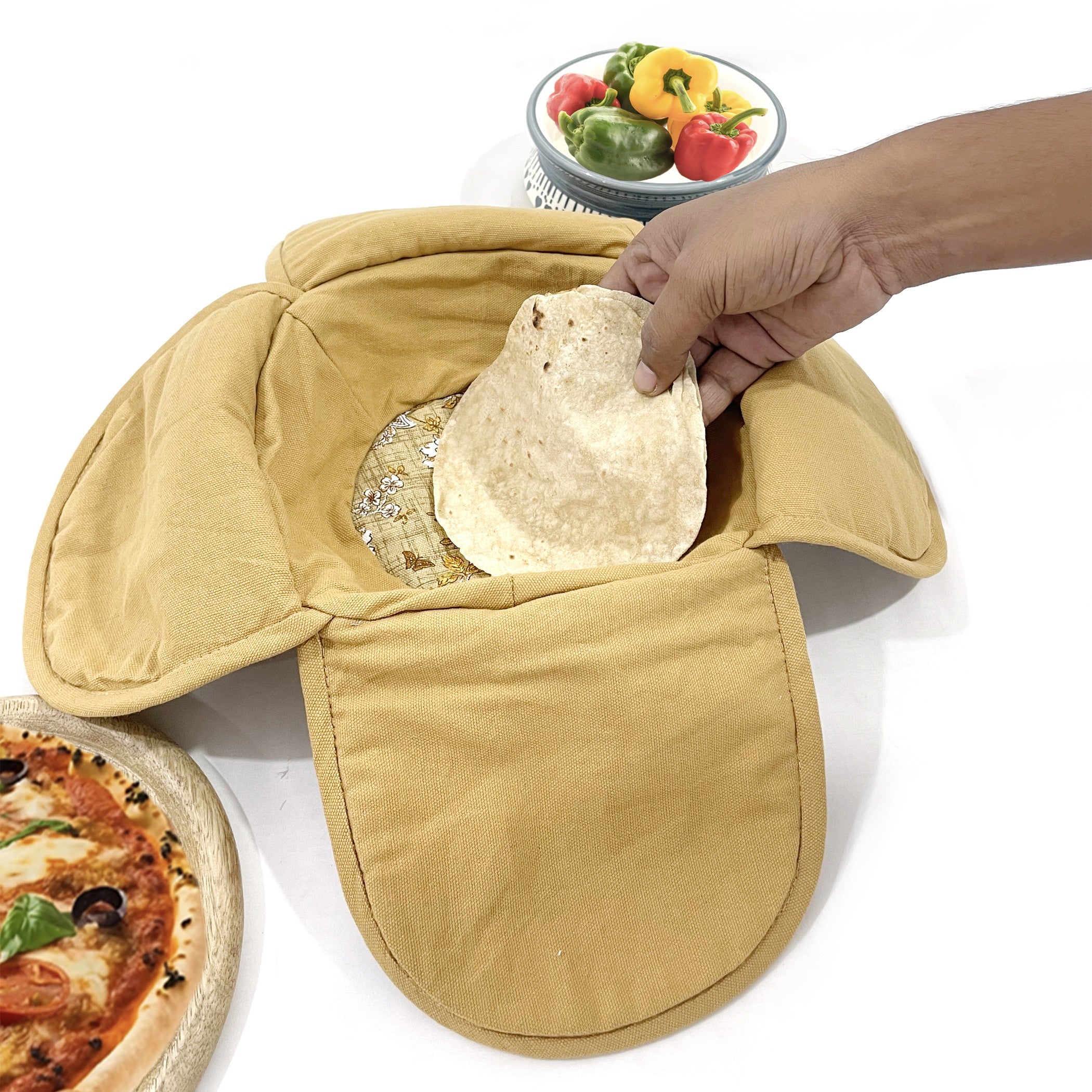 Insulated Cotton Bread Basket - Golden Floral Print