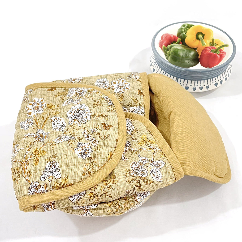Insulated Cotton Bread Basket - Golden Floral Print